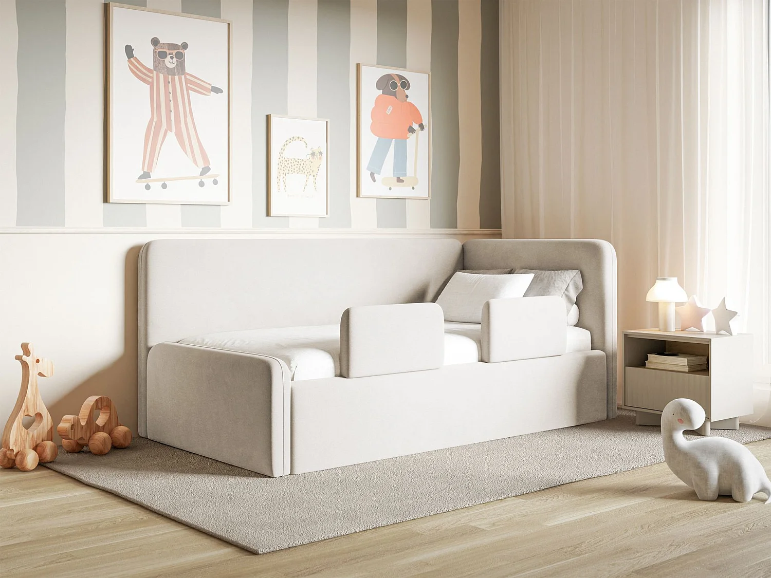 Lit enfant avec tête de lit à droite – coffre de rangement et barrière de sécurité – beige clair – 90x200 cm – FANKO