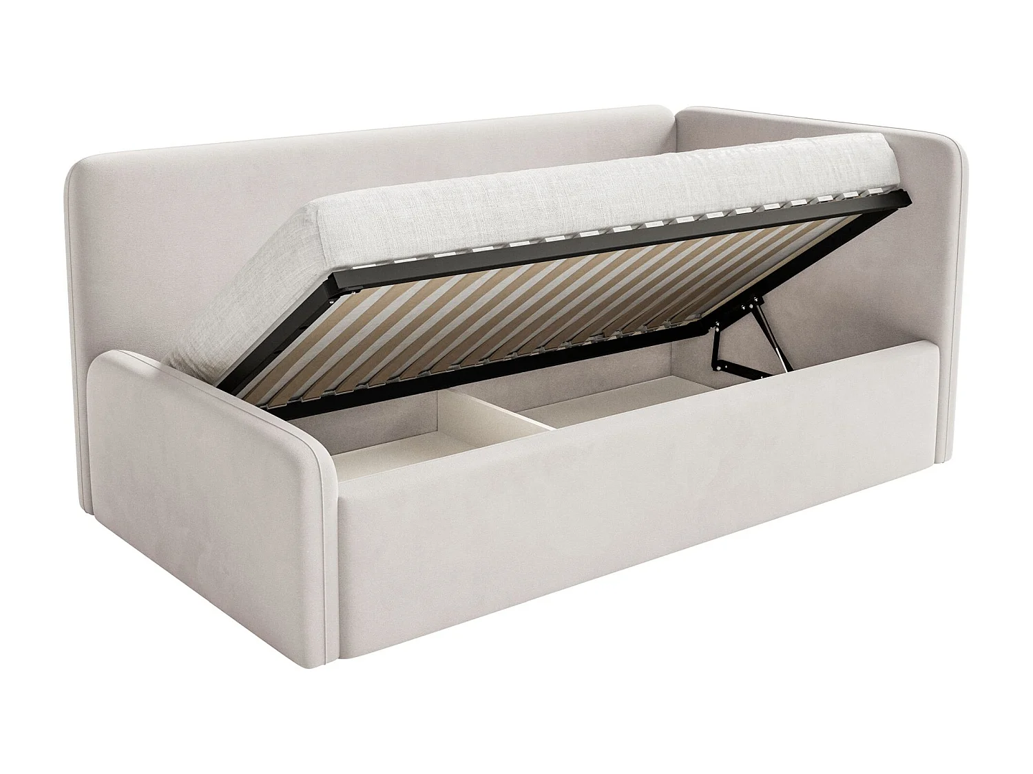 Lit enfant avec tête de lit à droite – coffre de rangement et barrière de sécurité – beige clair – 90x200 cm – FANKO