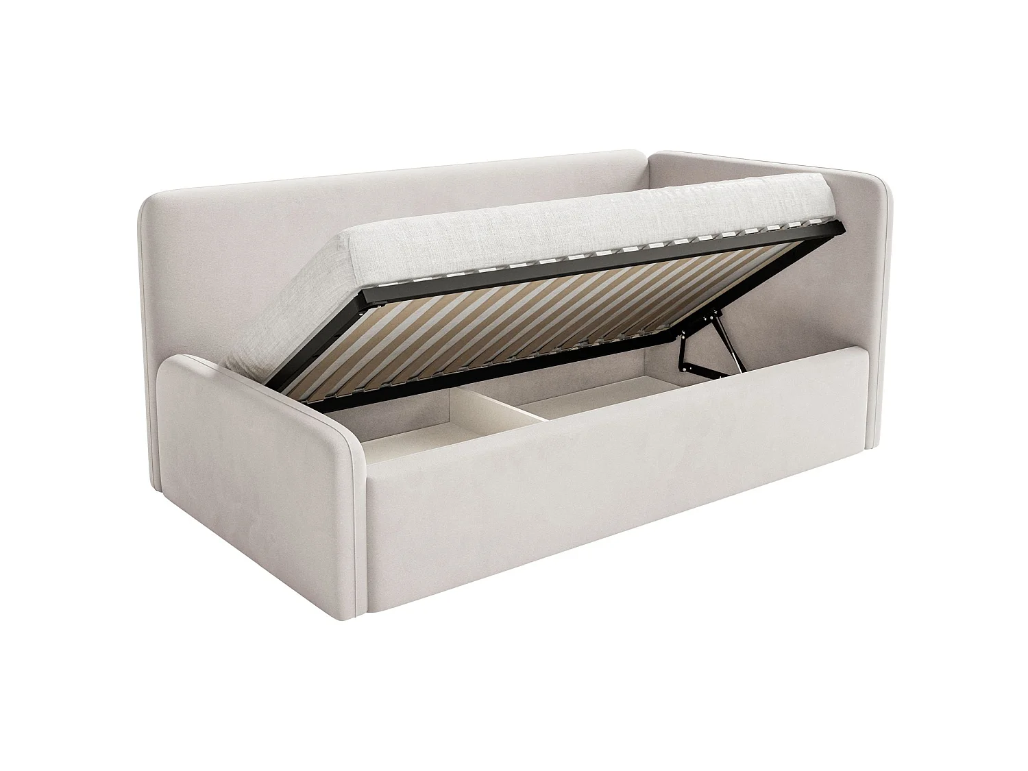 Kinderbed 90x200 met uitvalbeveiliging en hoofdbord rechts – velours – lichtbeige – FANKO