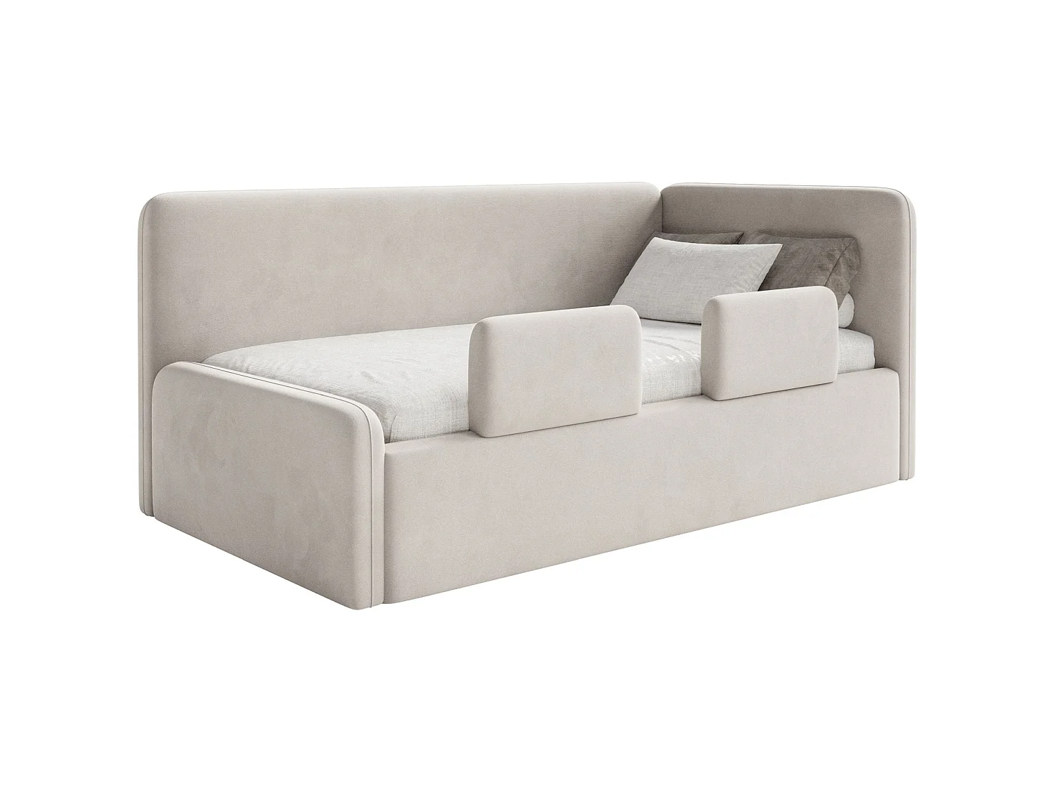 Kinderbed 90x200 met uitvalbeveiliging en hoofdbord rechts – velours – lichtbeige – FANKO