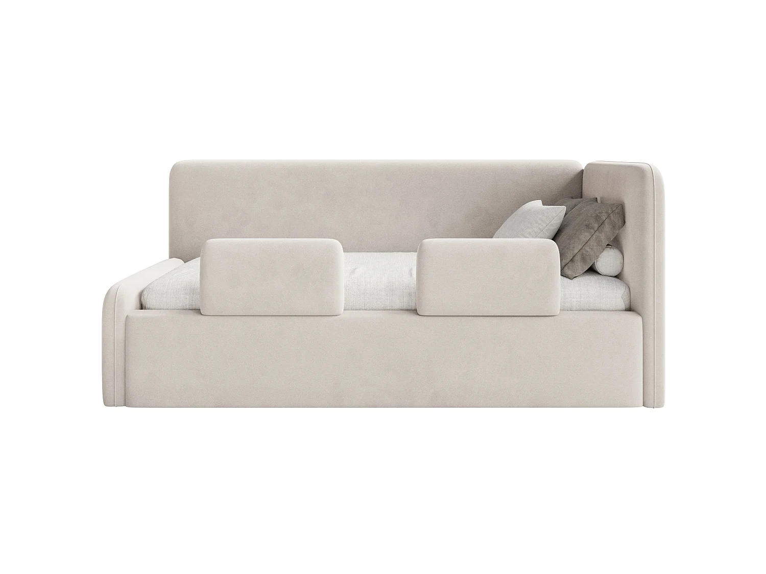 Kinderbed 90x200 met uitvalbeveiliging en hoofdbord rechts – velours – lichtbeige – FANKO