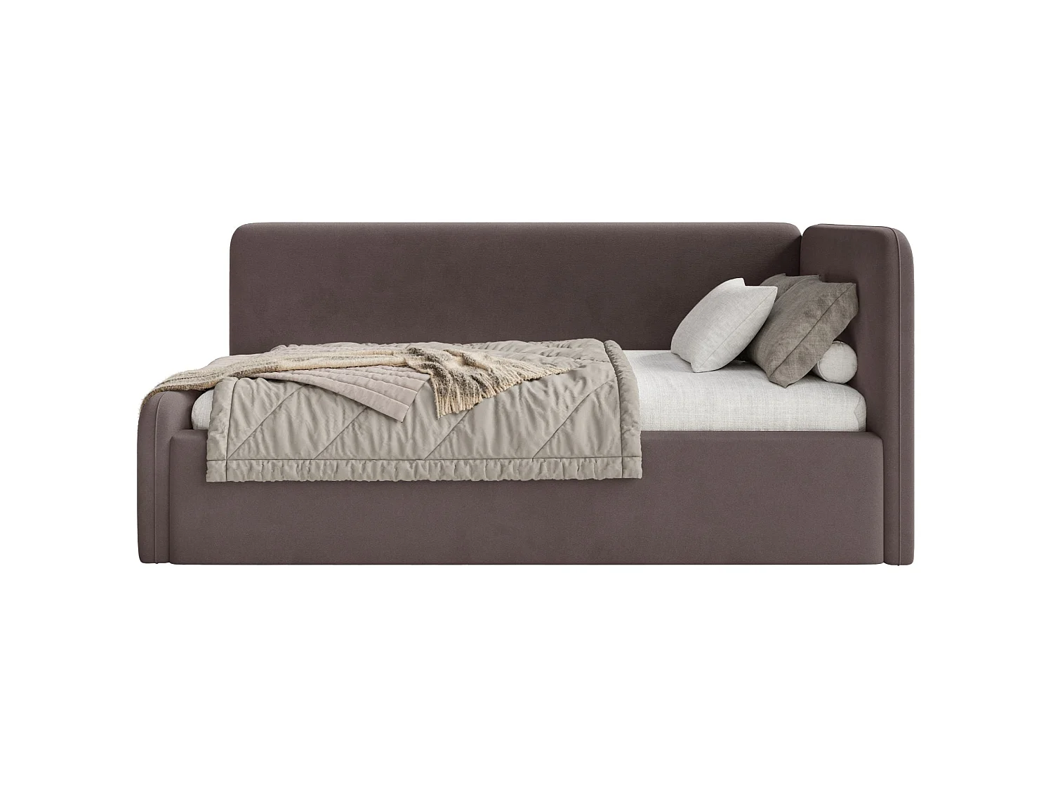 Lit junior 90x200 – barrière de sécurité, matelas, tête de lit à droite – velours – marron – FANKO