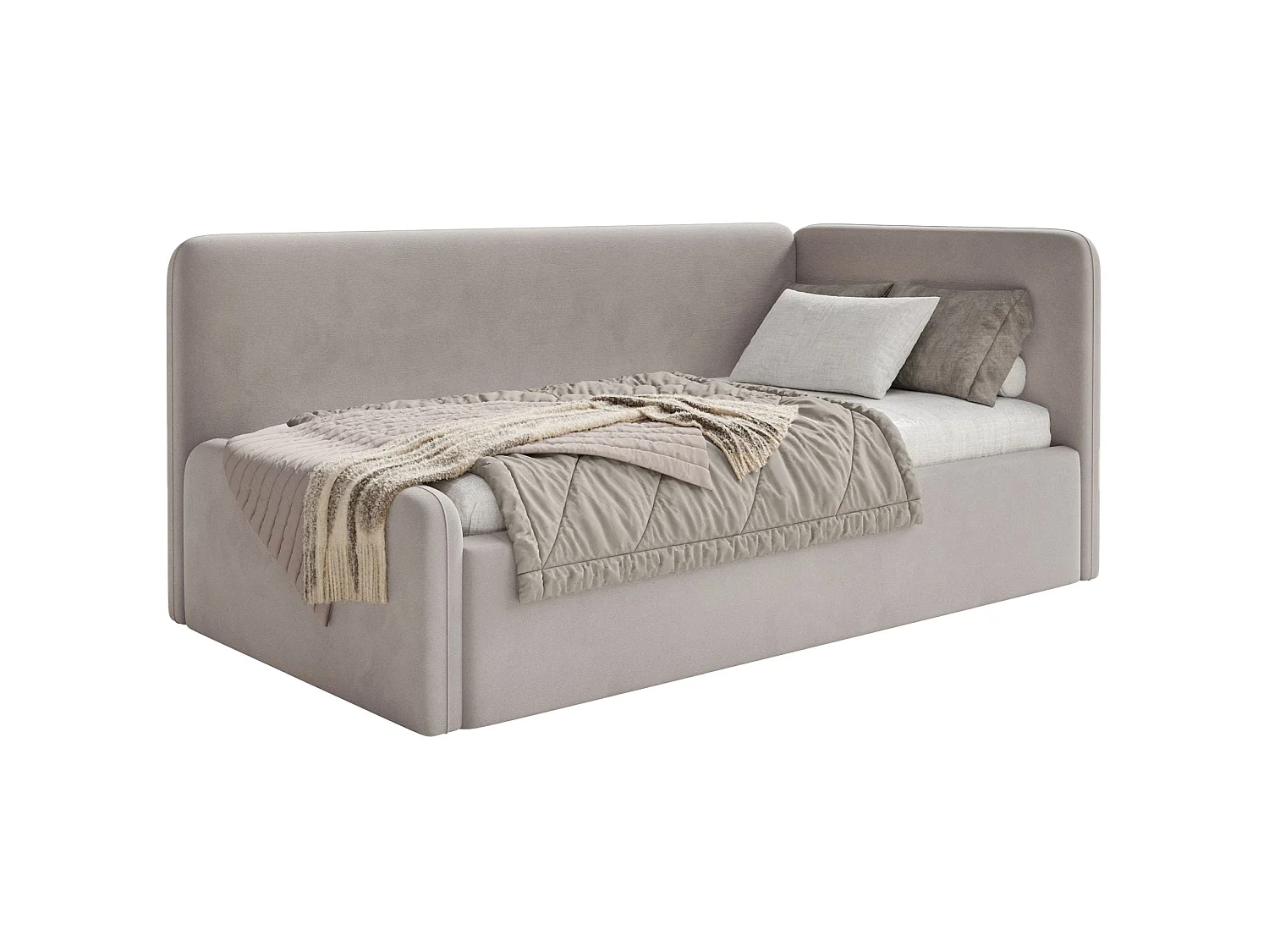 Lit junior 90x200 – barrière de sécurité, matelas, tête de lit à droite – velours – grège – FANKO