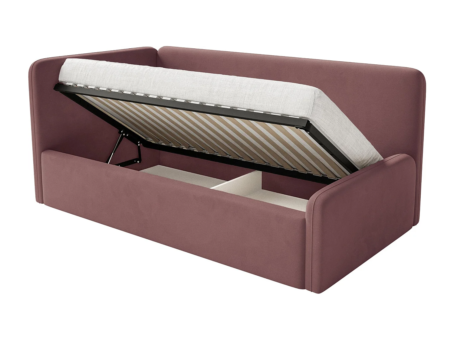 Lit junior 90x200 – matelas, tête de lit à gauche – velours – rose – FANKO