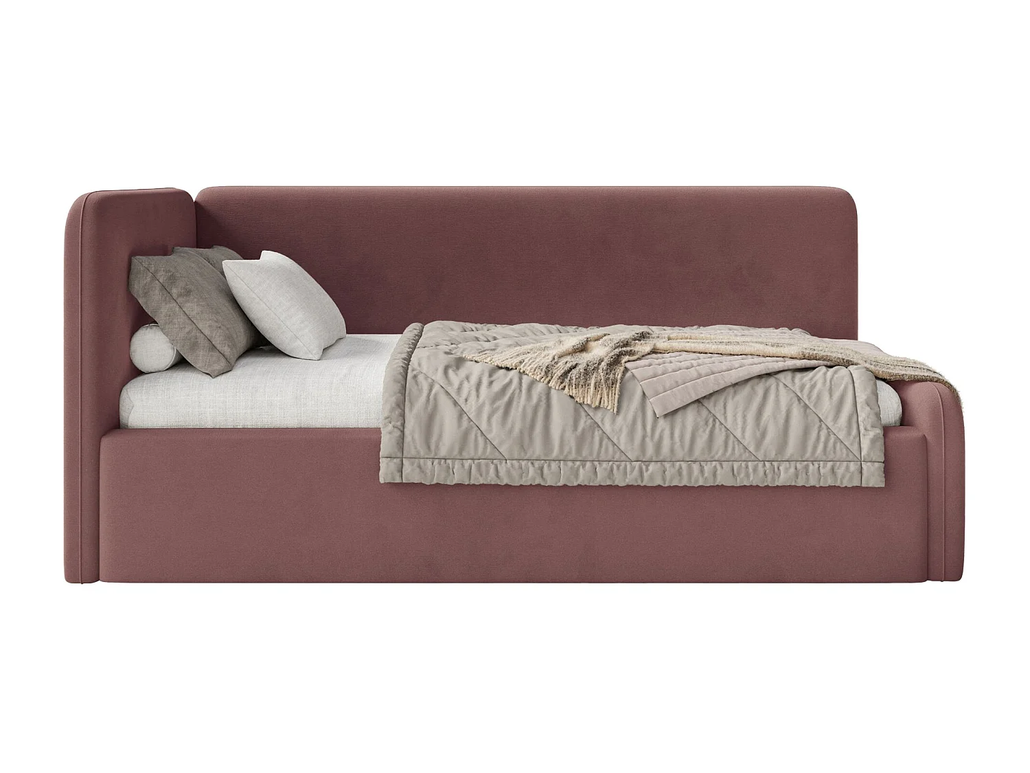 Lit junior 90x200 – matelas, tête de lit à gauche – velours – rose – FANKO