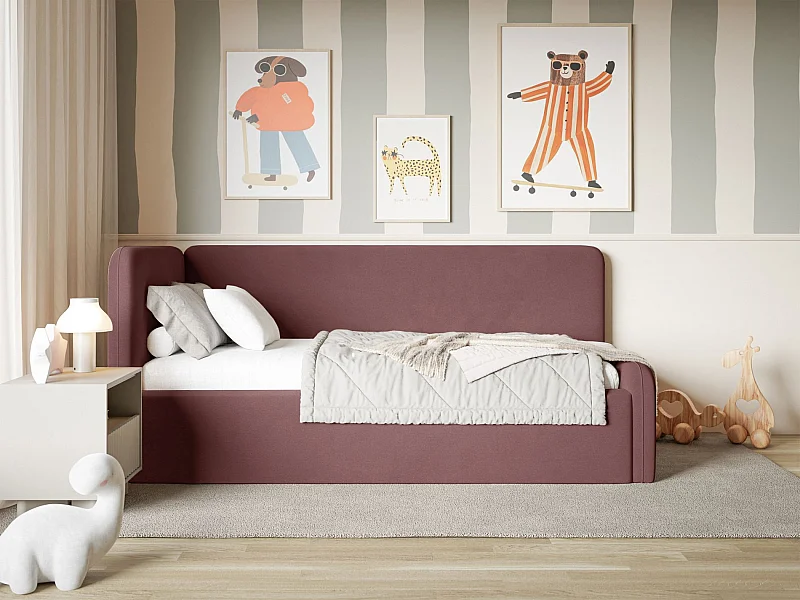 Lit junior 90x200 – matelas, tête de lit à gauche – velours – rose – FANKO