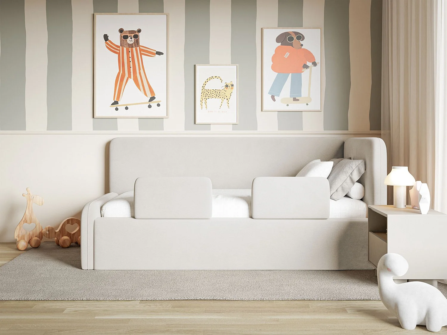 Lit enfant avec tête de lit à droite – matelas, coffre de rangement et barrière de sécurité – beige clair – 90x200 cm – FANKO