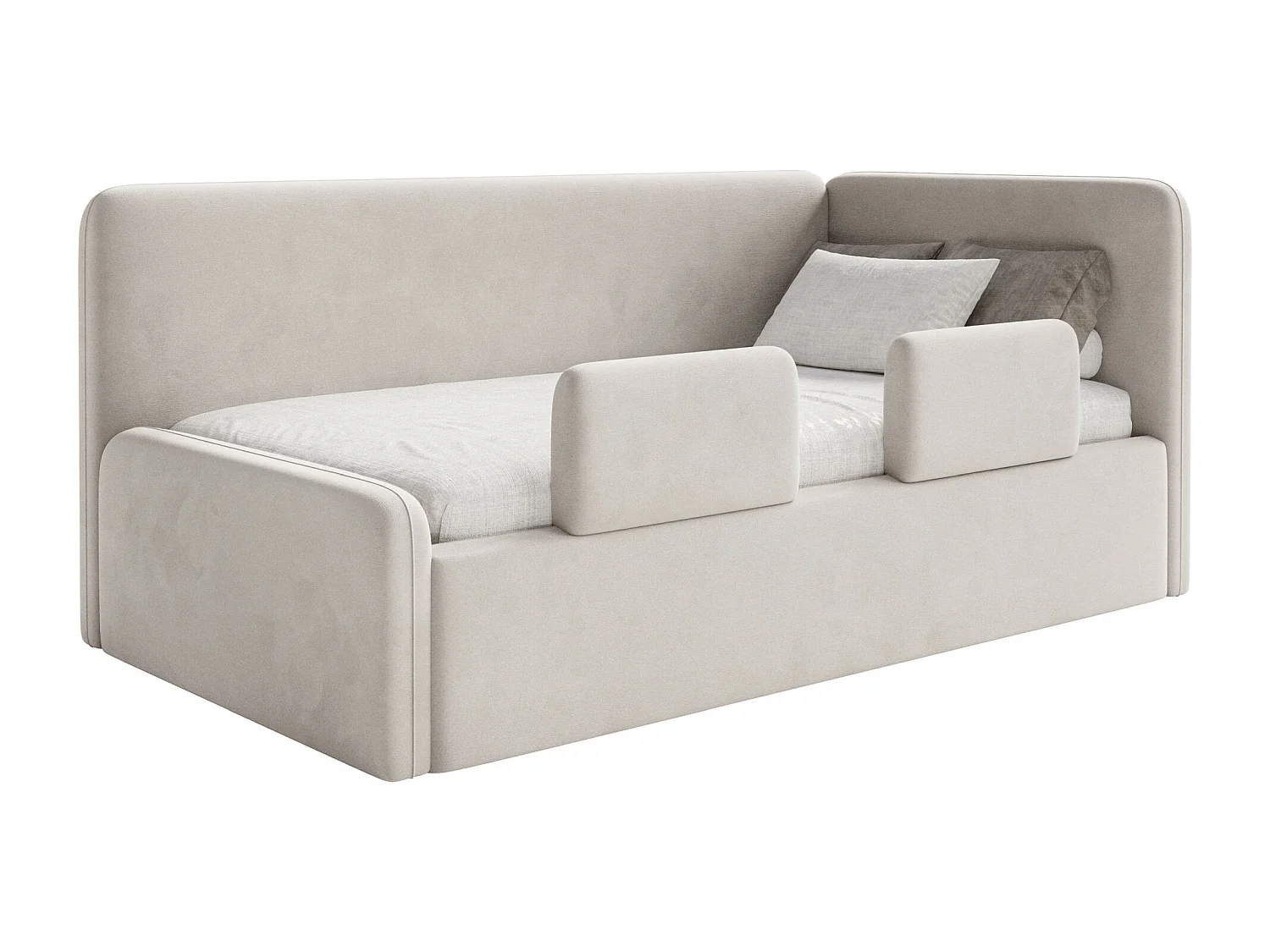 Lit enfant avec tête de lit à droite – matelas, coffre de rangement et barrière de sécurité – beige clair – 90x200 cm – FANKO
