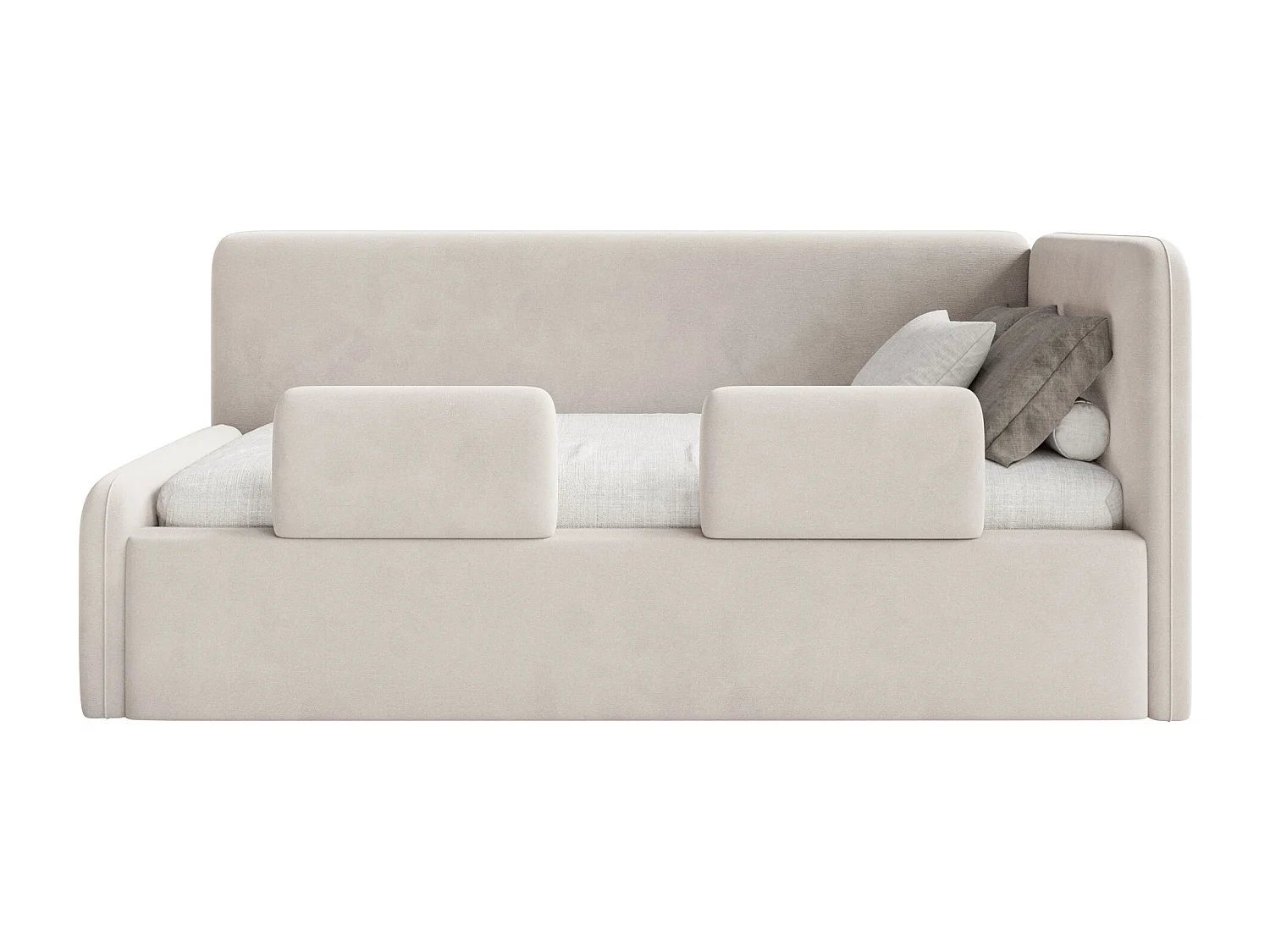 Lit enfant avec tête de lit à droite – matelas, coffre de rangement et barrière de sécurité – beige clair – 90x200 cm – FANKO