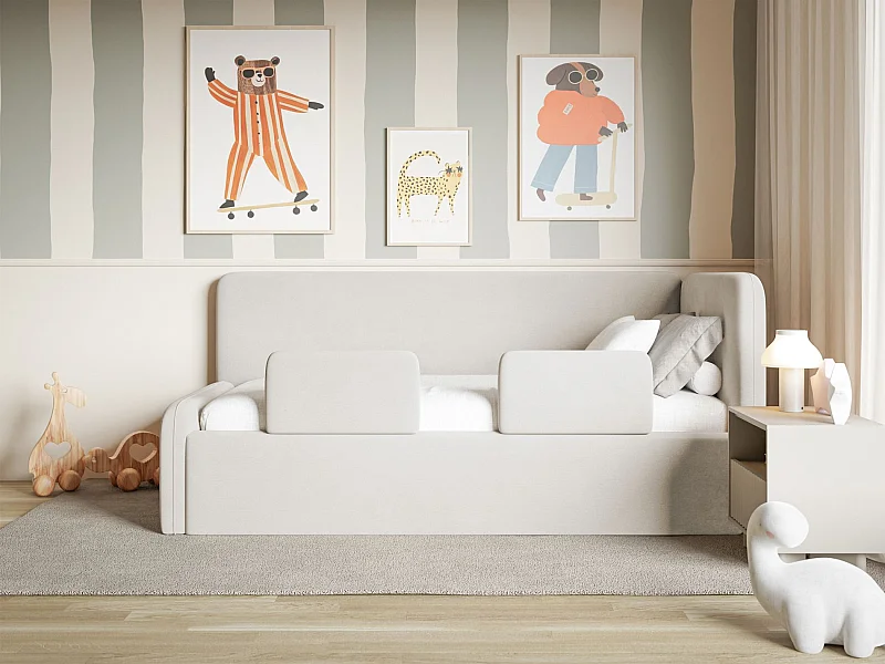 Lit enfant avec tête de lit à droite – matelas, coffre de rangement et barrière de sécurité – beige clair – 90x200 cm – FANKO