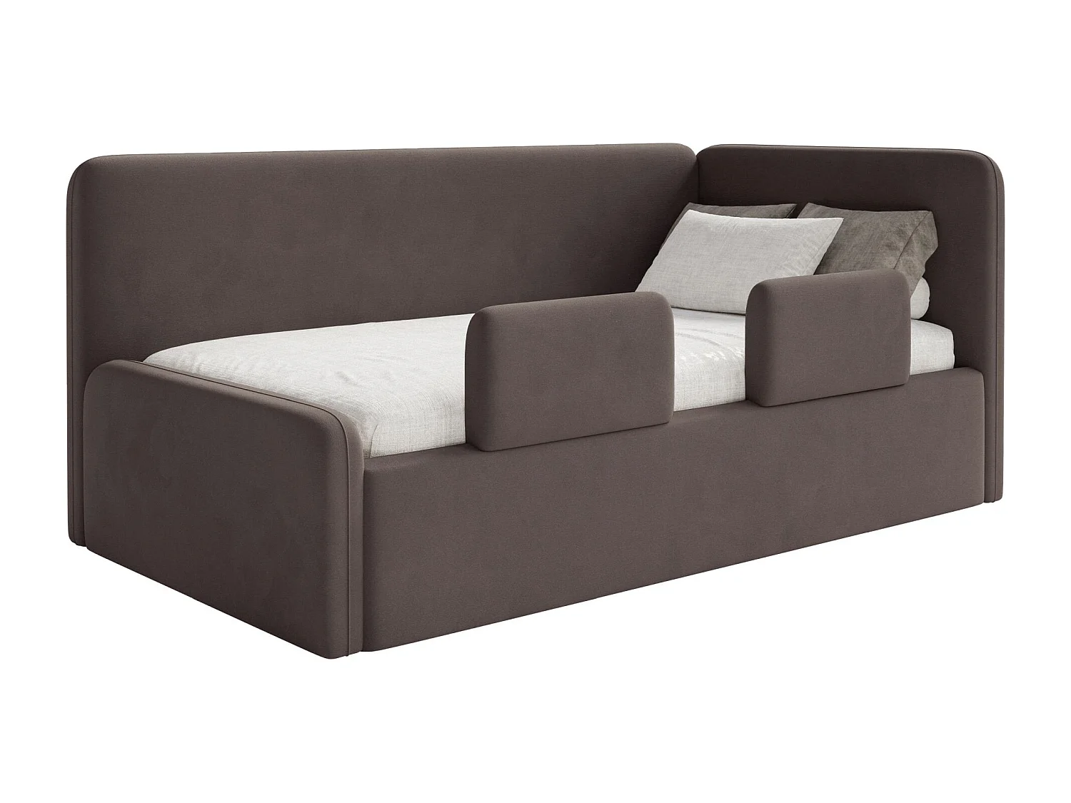 Kinderbed 90x200 met uitvalbeveiliging en hoofdbord rechts – velours – bruin – FANKO