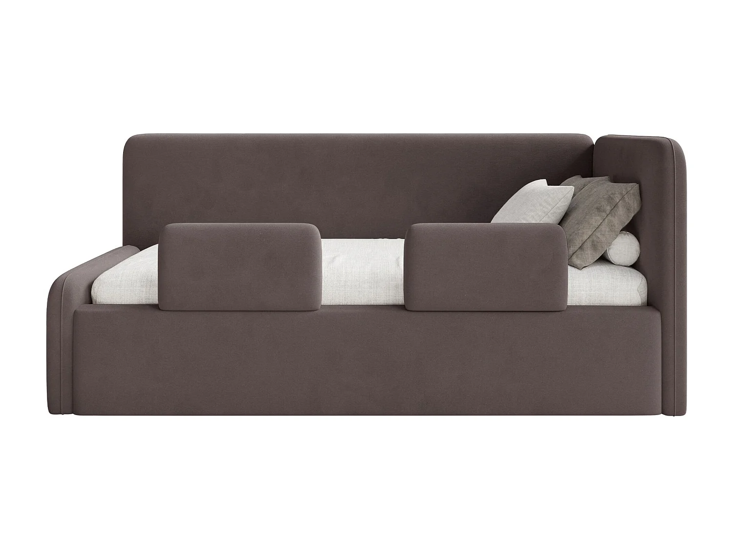 Kinderbed 90x200 met uitvalbeveiliging en hoofdbord rechts – velours – bruin – FANKO
