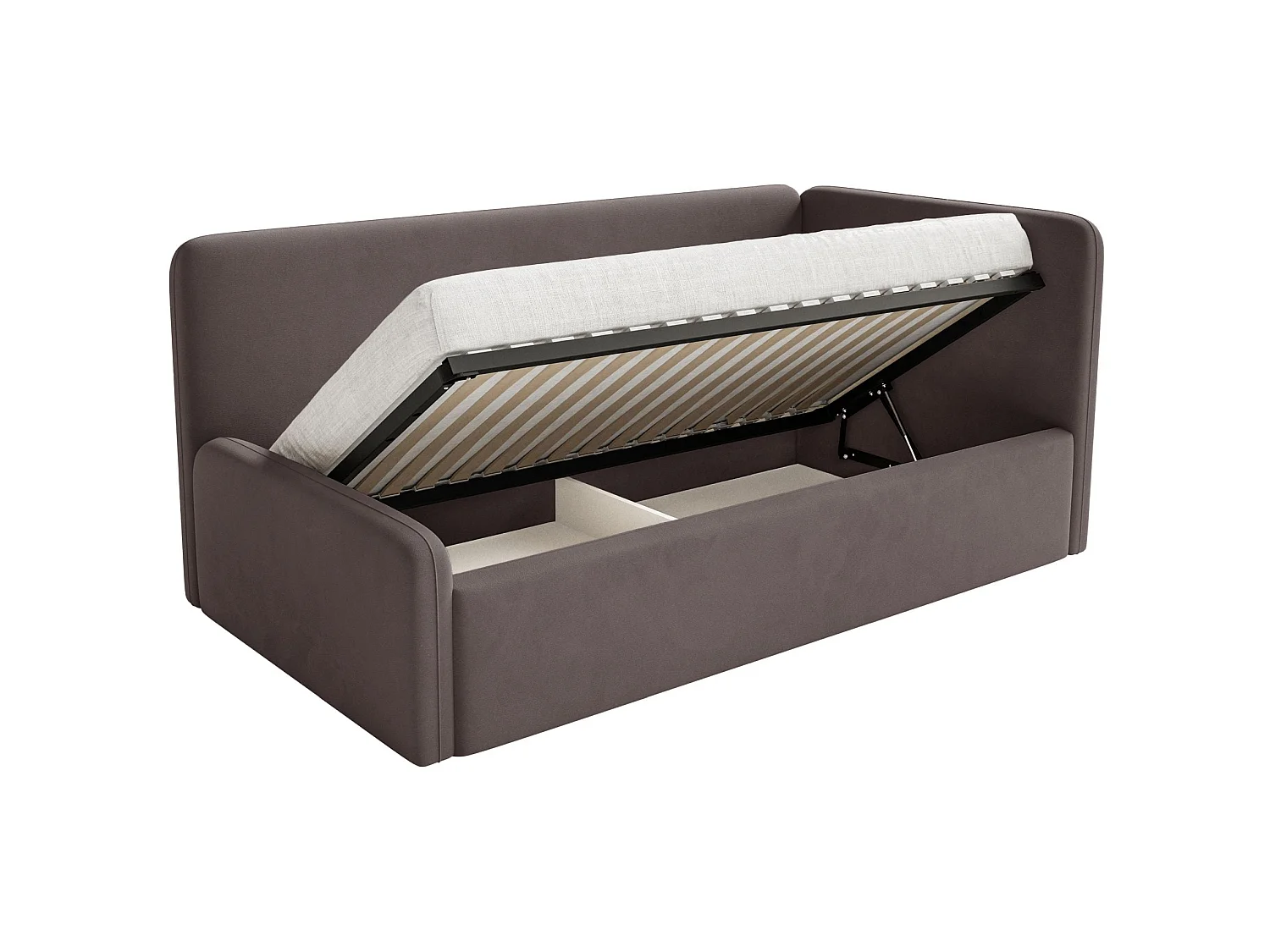 Kinderbed 90x200 met uitvalbeveiliging en hoofdbord rechts – velours – bruin – FANKO
