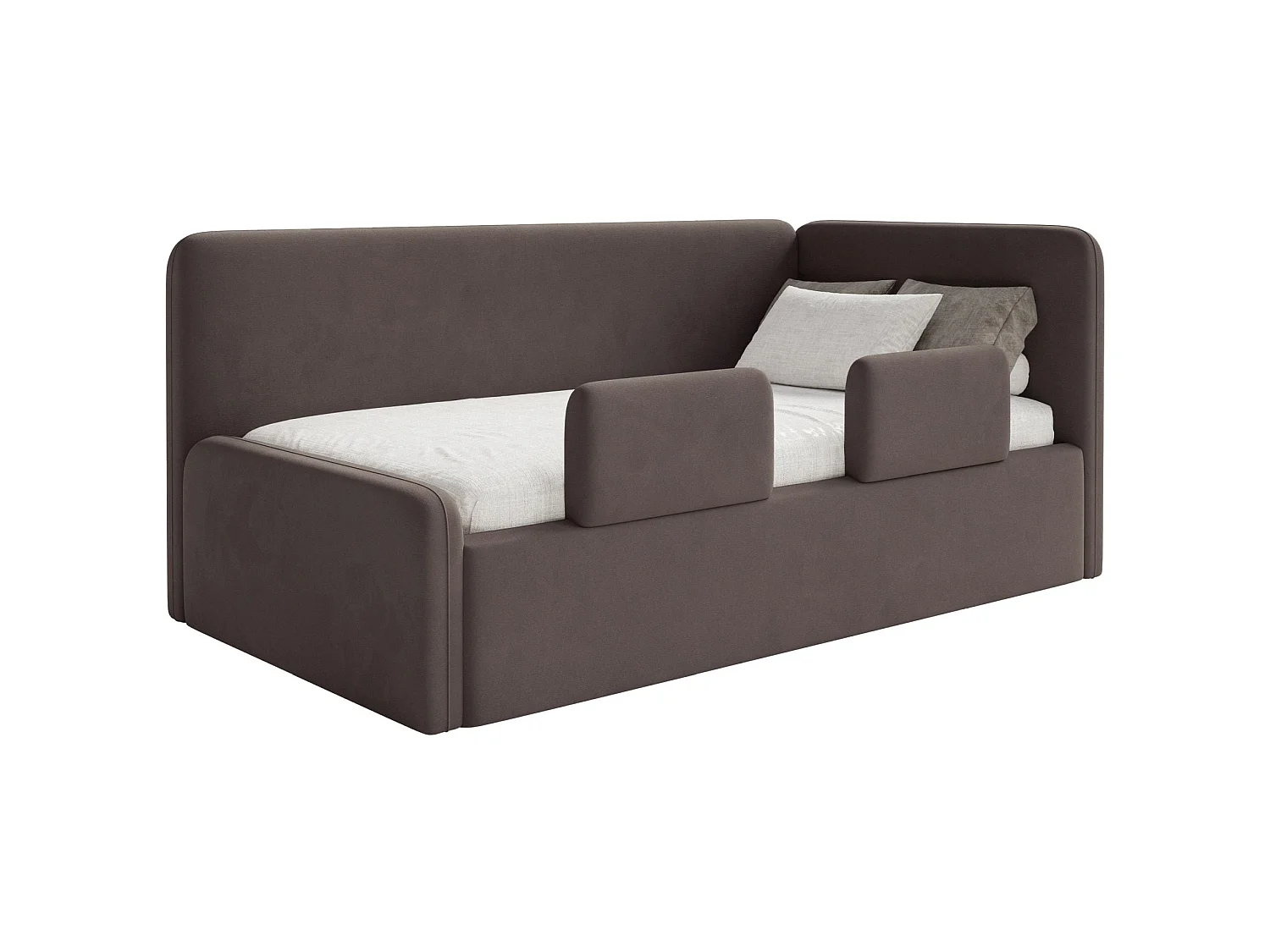 Kinderbed 90x200 met uitvalbeveiliging en hoofdbord rechts – velours – bruin – FANKO