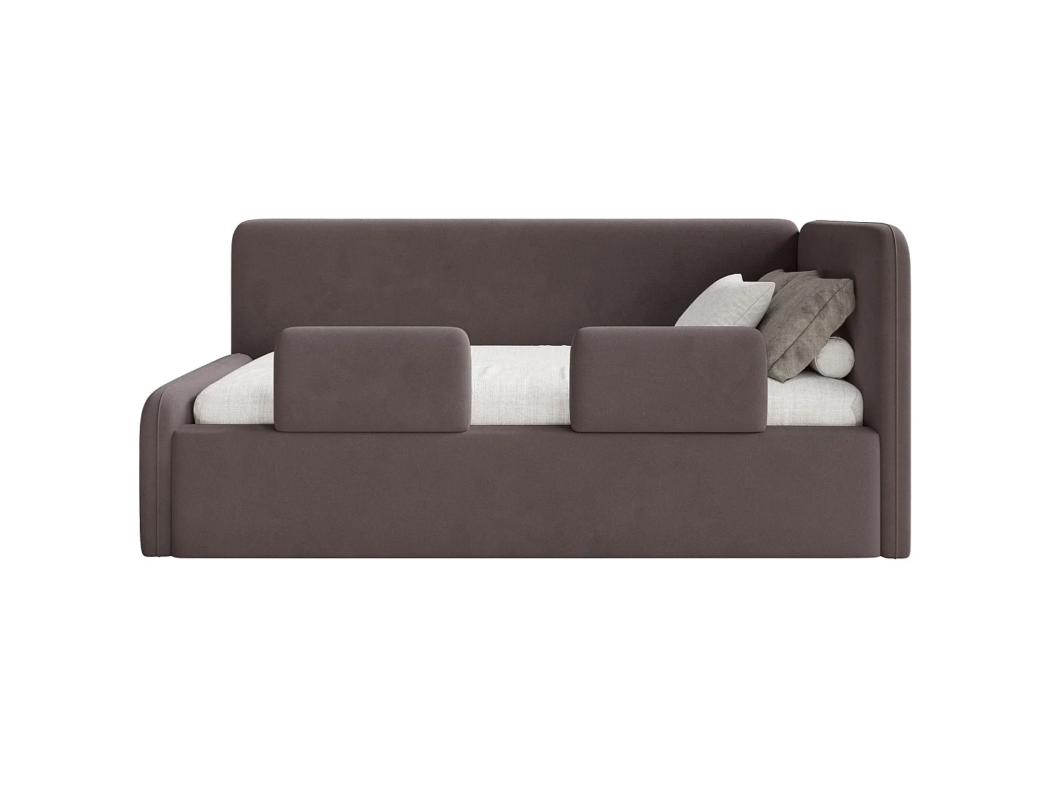 Kinderbed 90x200 met uitvalbeveiliging en hoofdbord rechts – velours – bruin – FANKO