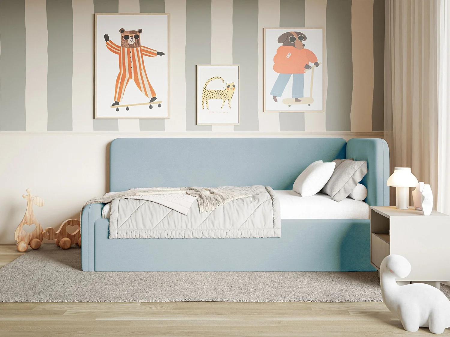 Tienerbed 90x200 met hoofdbord rechts – velours – lichtblauw – FANKO