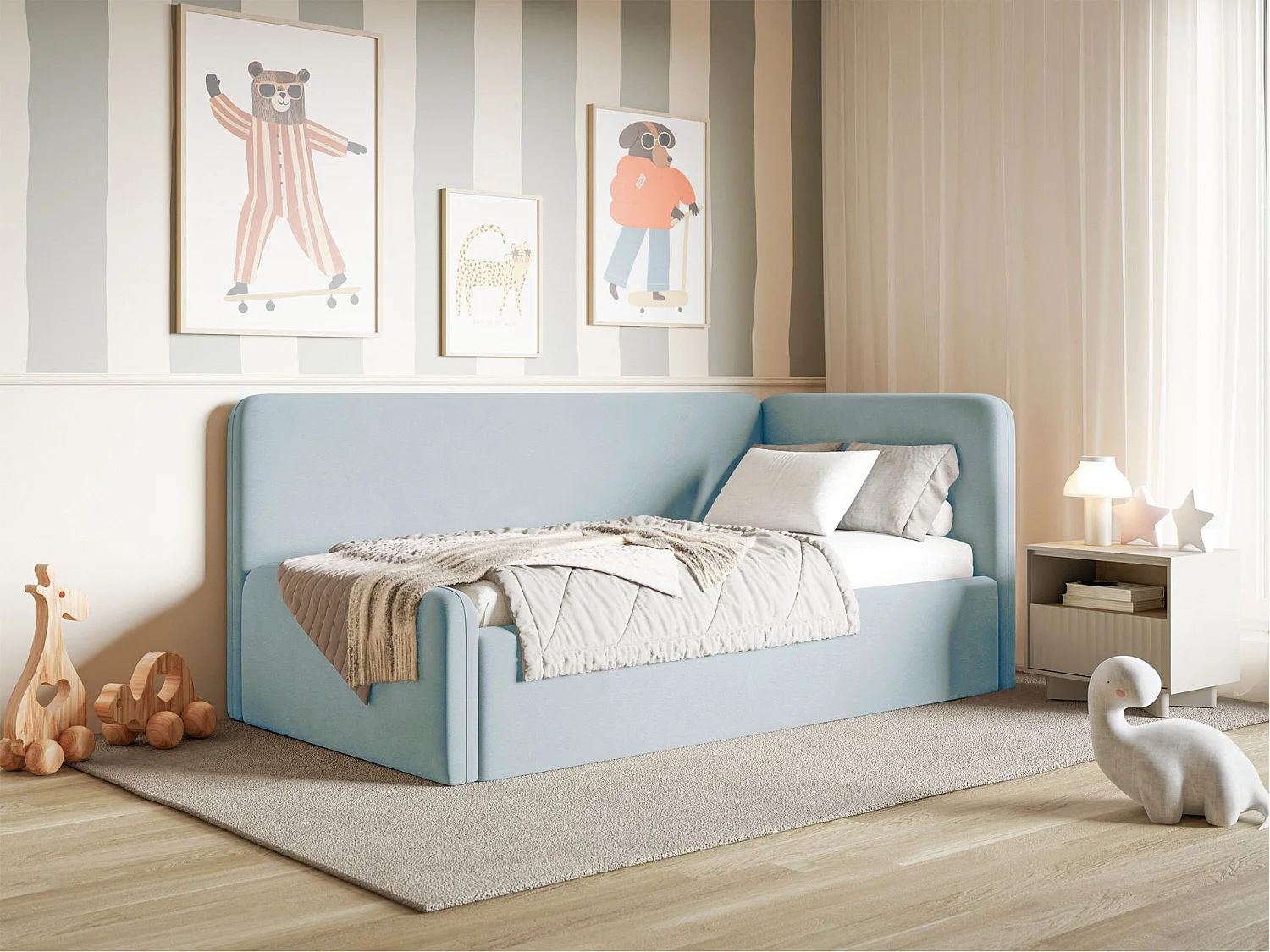 Tienerbed 90x200 met hoofdbord rechts – velours – lichtblauw – FANKO