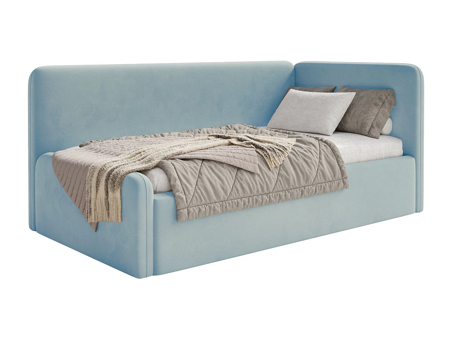 Tienerbed 90x200 met hoofdbord rechts – velours – lichtblauw – FANKO