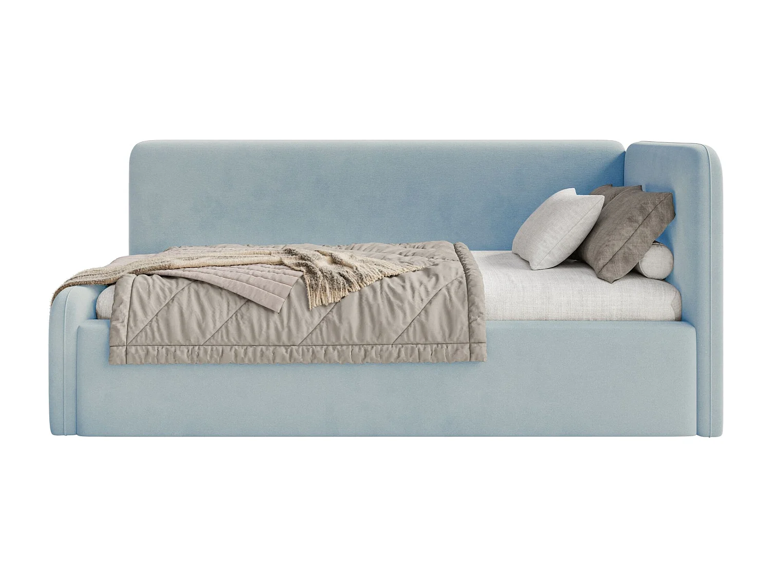 Tienerbed 90x200 met hoofdbord rechts – velours – lichtblauw – FANKO