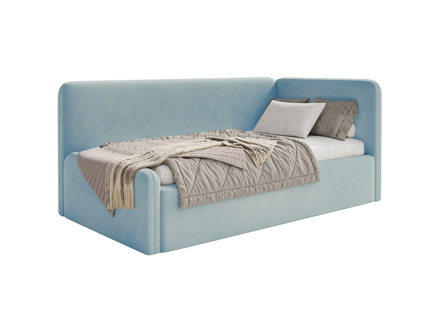 Lit enfant 90x200 – barrière de sécurité, tête de lit à gauche – velours – bleu clair – FANKO