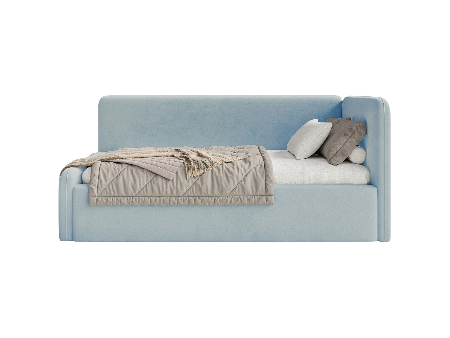 Lit enfant 90x200 – barrière de sécurité, tête de lit à gauche – velours – bleu clair – FANKO