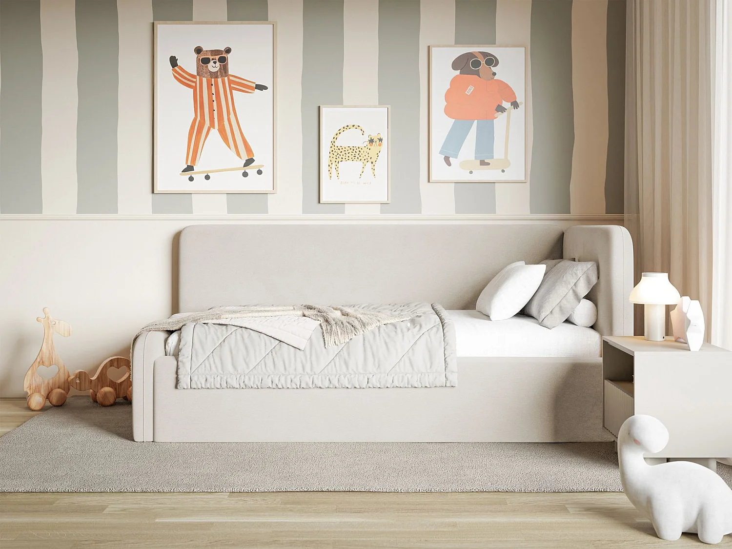 Tienerbed 90x200 met uitvalbeveiliging, matras en hoofdbord rechts – velours – lichtbeige – FANKO