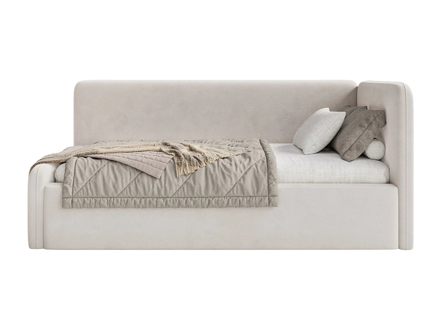 Tienerbed 90x200 met uitvalbeveiliging, matras en hoofdbord rechts – velours – lichtbeige – FANKO