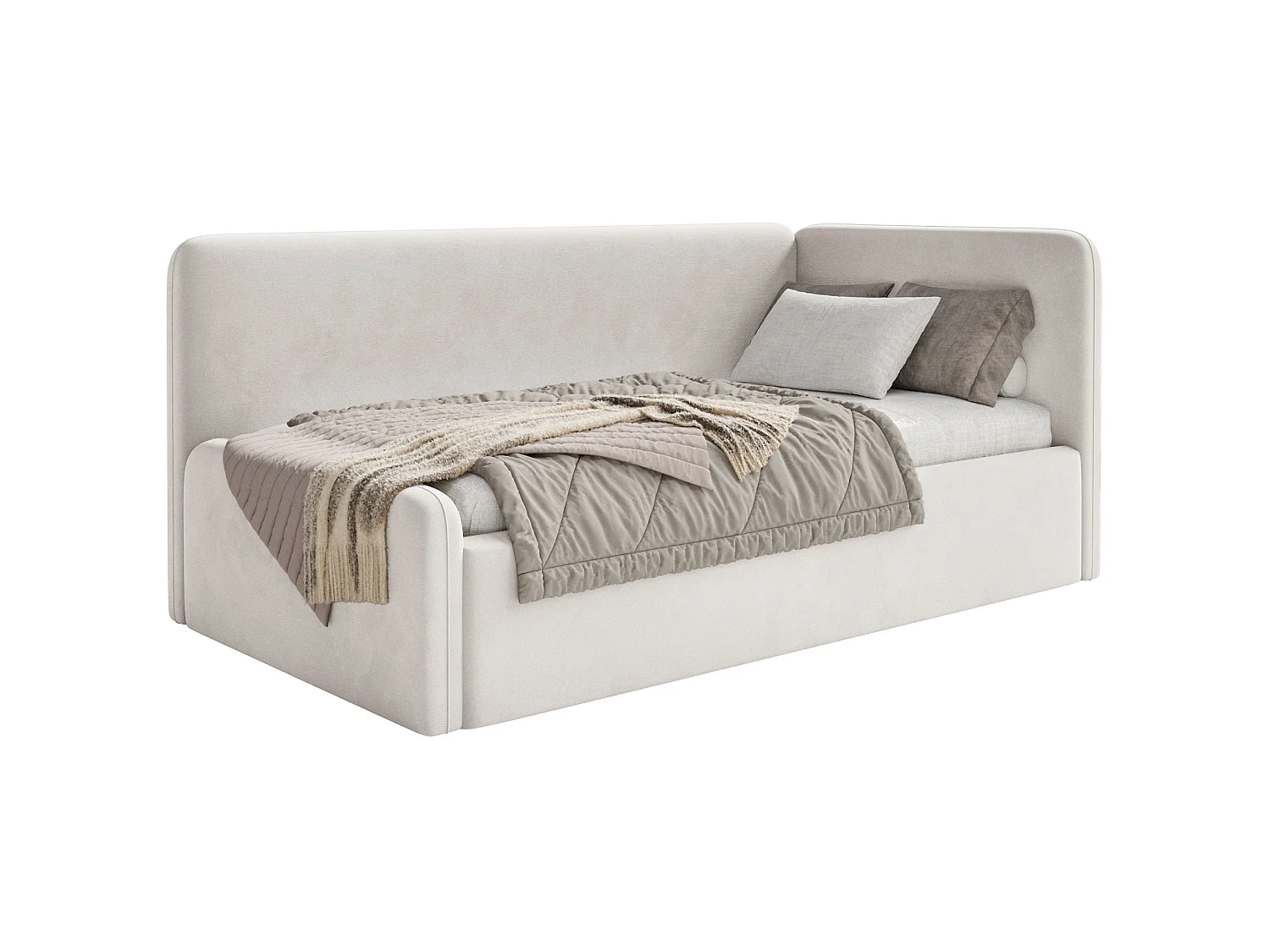 Lit junior 90x200 – barrière de sécurité, matelas, tête de lit à droite – velours – beige clair – FANKO