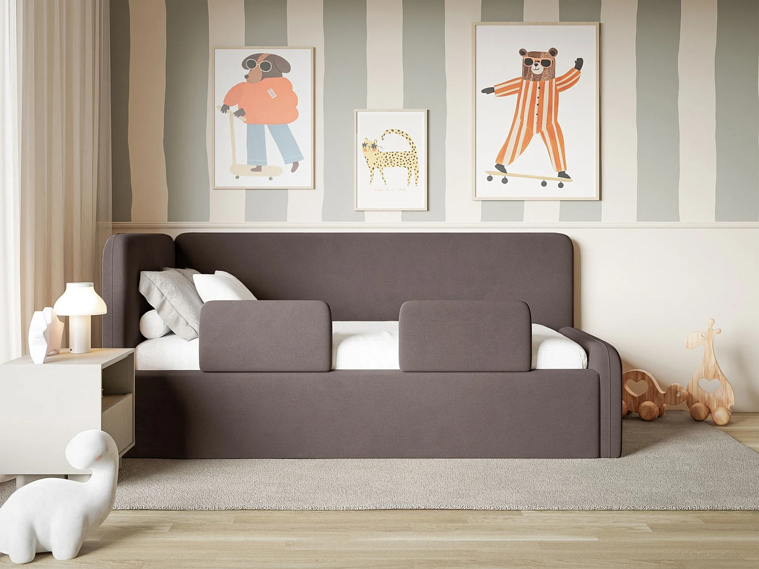 Kinderbed 90x200 met uitvalbeveiliging en hoofdbord links – velours – bruin – FANKO