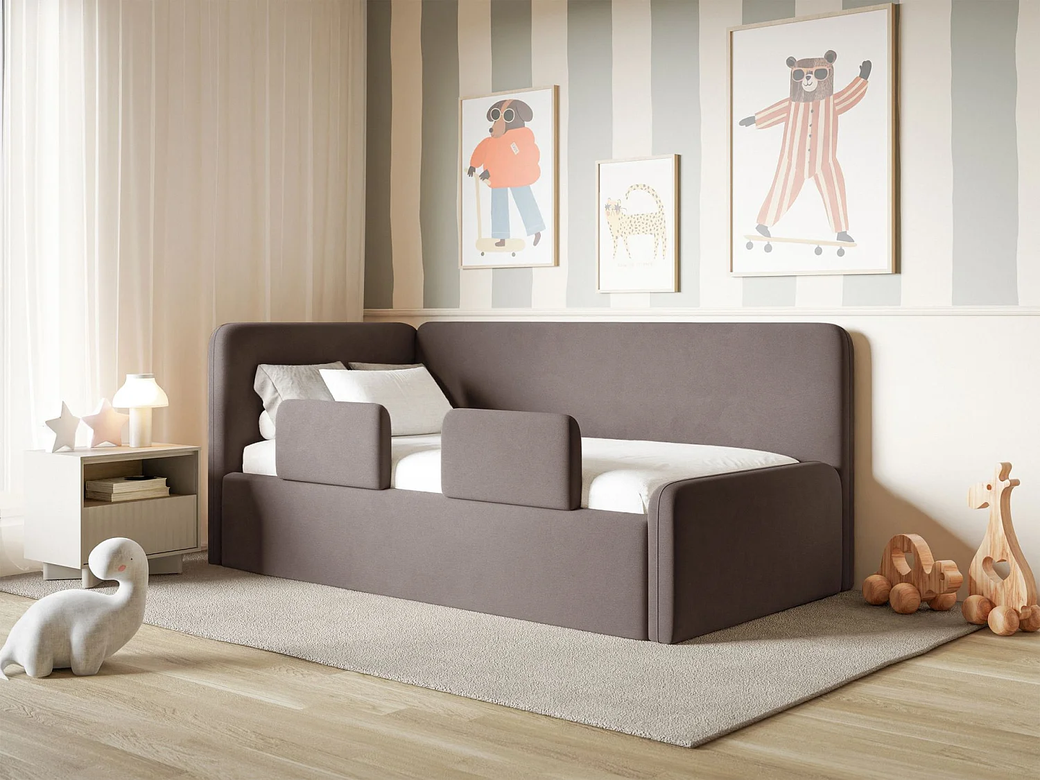Kinderbed 90x200 met uitvalbeveiliging en hoofdbord links – velours – bruin – FANKO