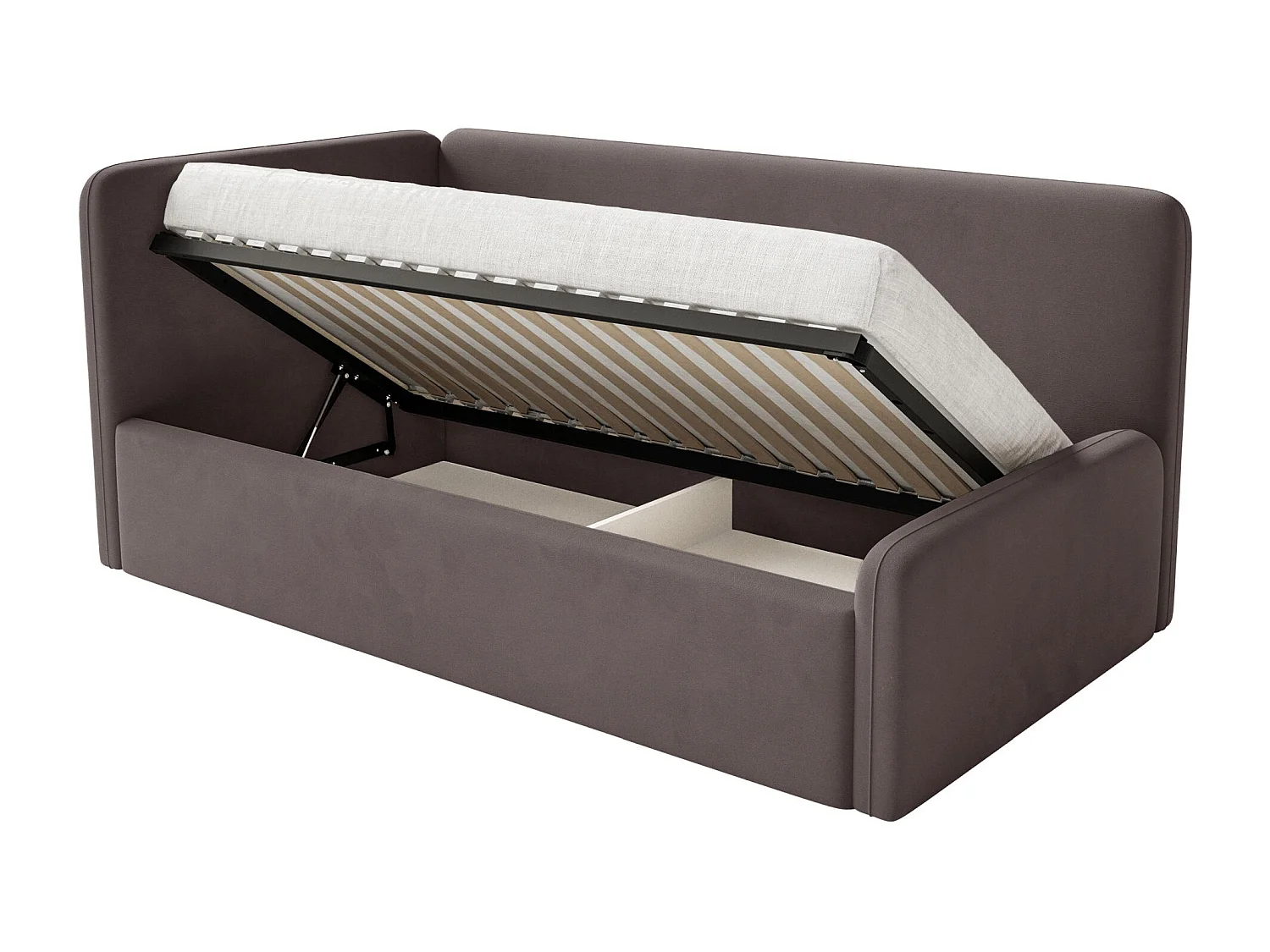 Kinderbed 90x200 met uitvalbeveiliging, matras en hoofdbord links – velours – bruin – FANKO