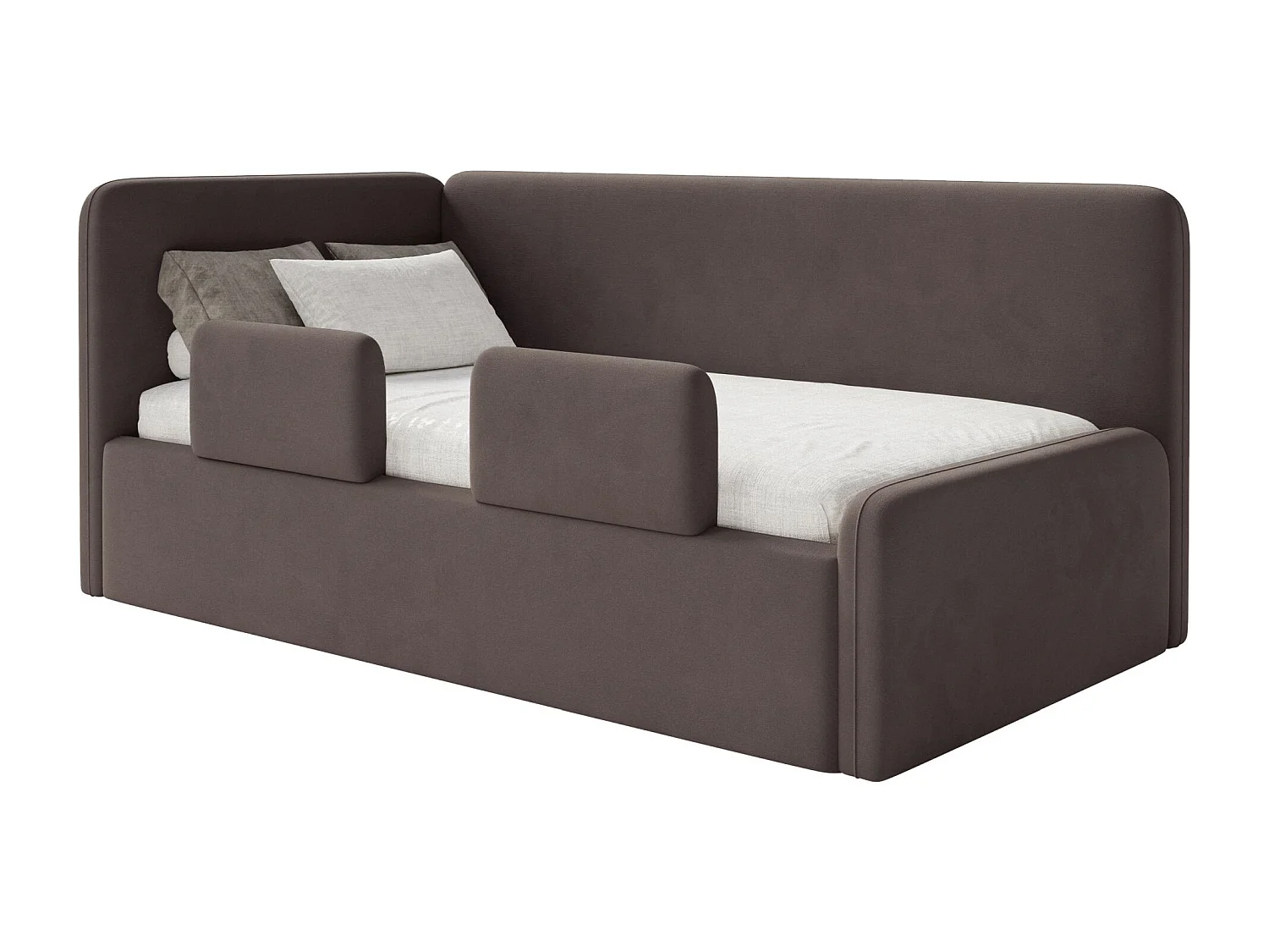 Kinderbed 90x200 met uitvalbeveiliging, matras en hoofdbord links – velours – bruin – FANKO