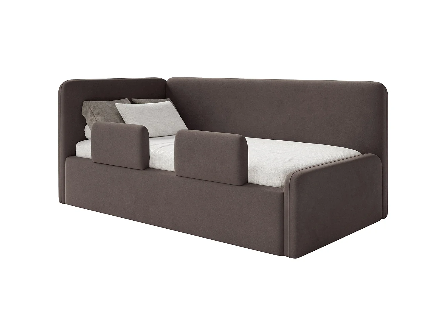 Lit enfant 90x200 – barrière de sécurité, matelas, tête de lit à gauche – velours – marron – FANKO