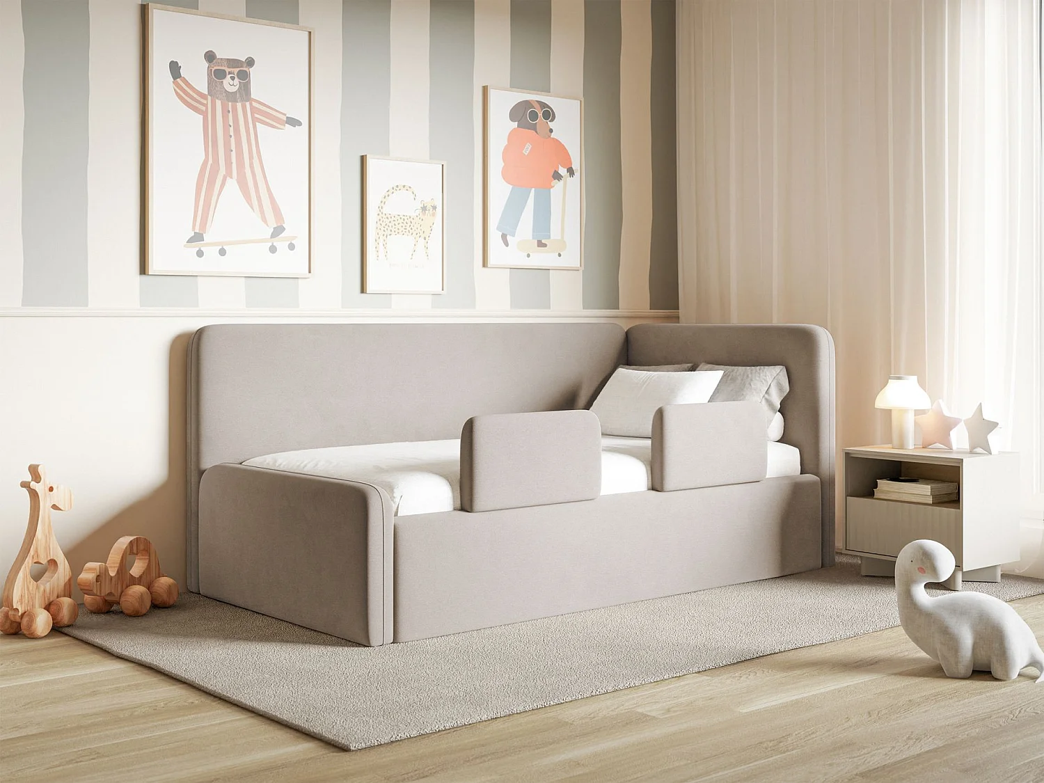 Kinderbed 90x200 met uitvalbeveiliging, matras en hoofdbord rechts – velours – grijsbeige – FANKO