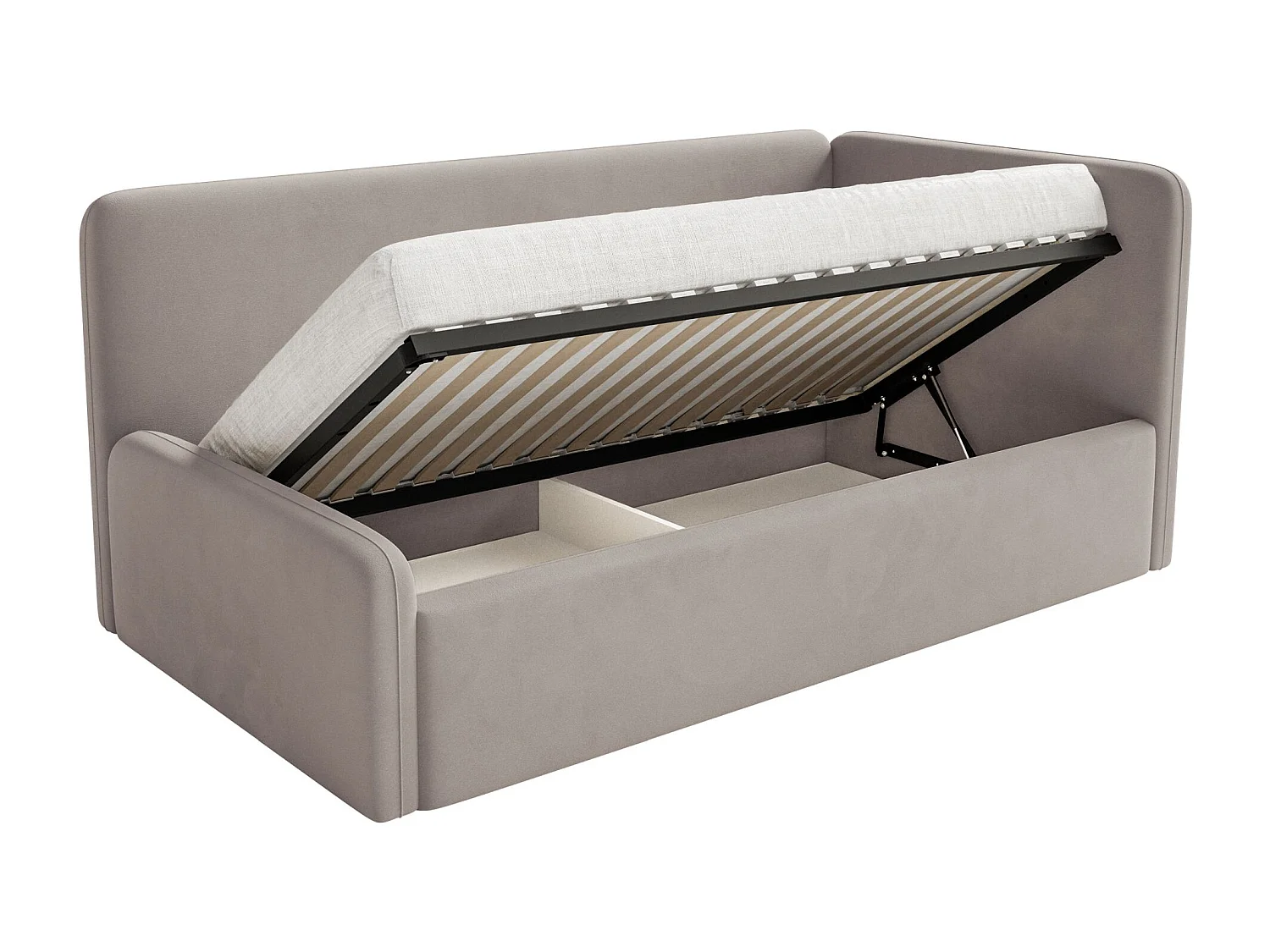 Kinderbed 90x200 met uitvalbeveiliging, matras en hoofdbord rechts – velours – grijsbeige – FANKO