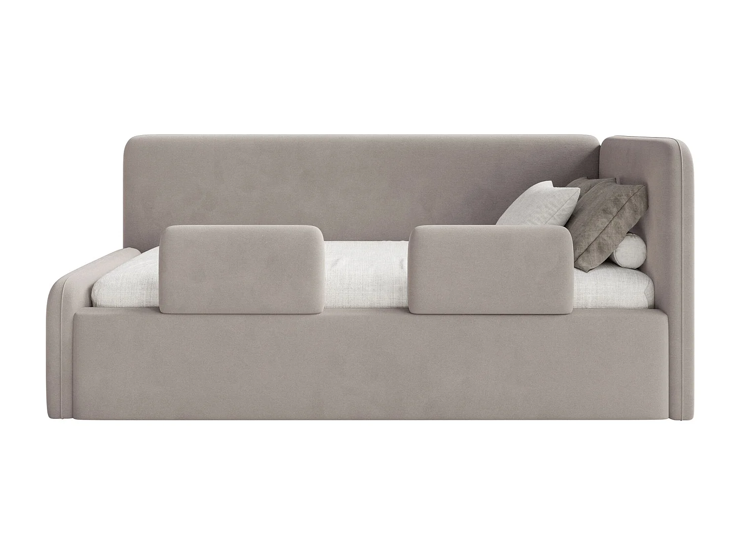 Kinderbed 90x200 met uitvalbeveiliging, matras en hoofdbord rechts – velours – grijsbeige – FANKO