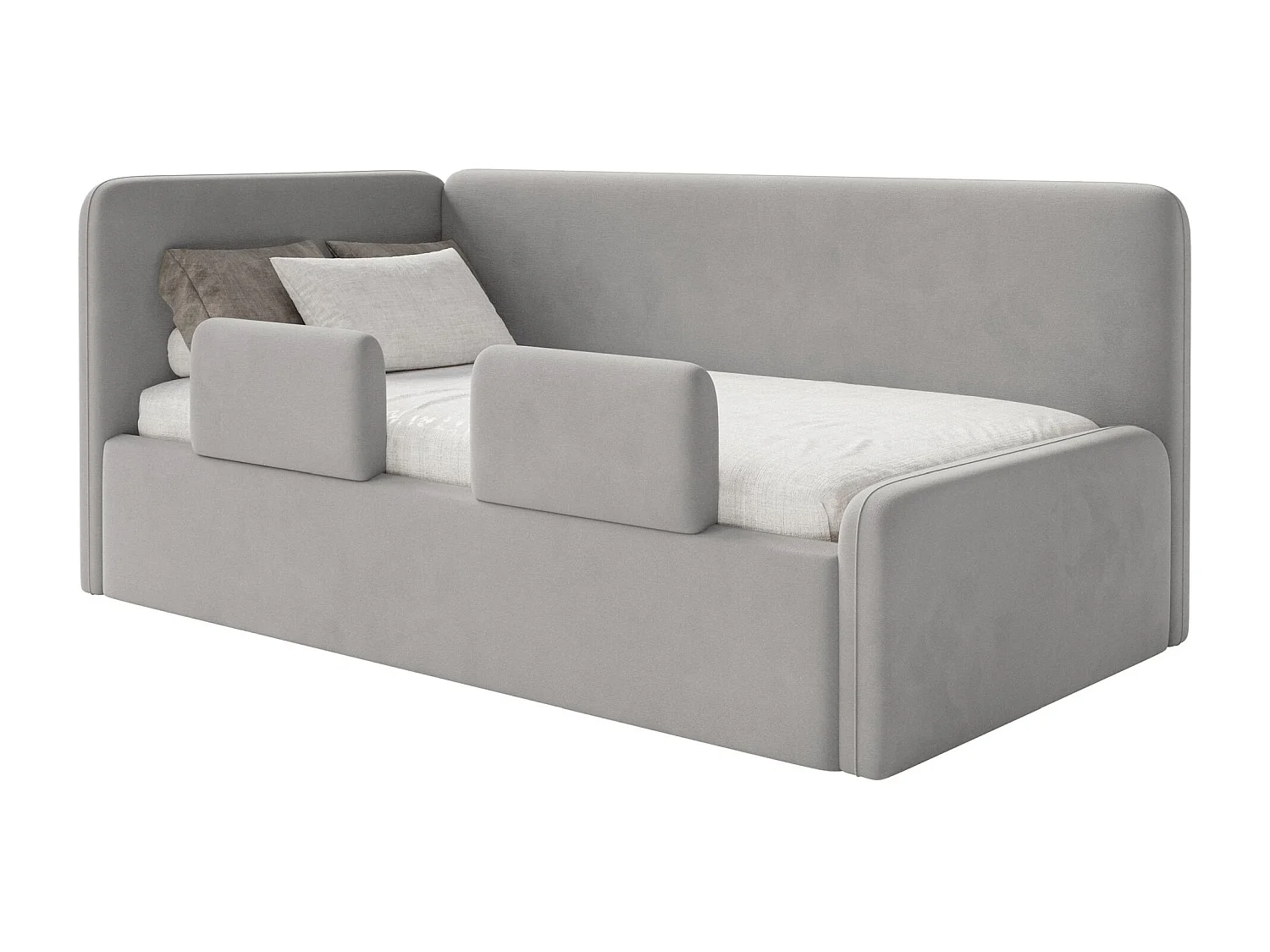 Kinderbed 90x200 met uitvalbeveiliging, matras en hoofdbord links – velours – lichtgrijs – FANKO