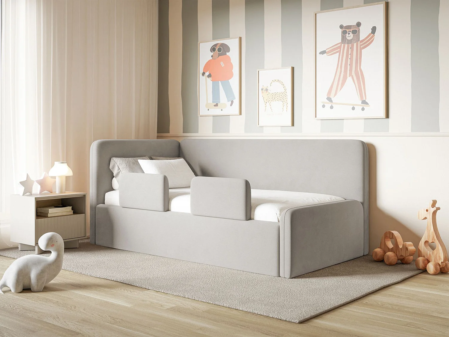 Lit enfant 90x200 – barrière de sécurité, matelas, tête de lit à gauche – velours – gris clair – FANKO