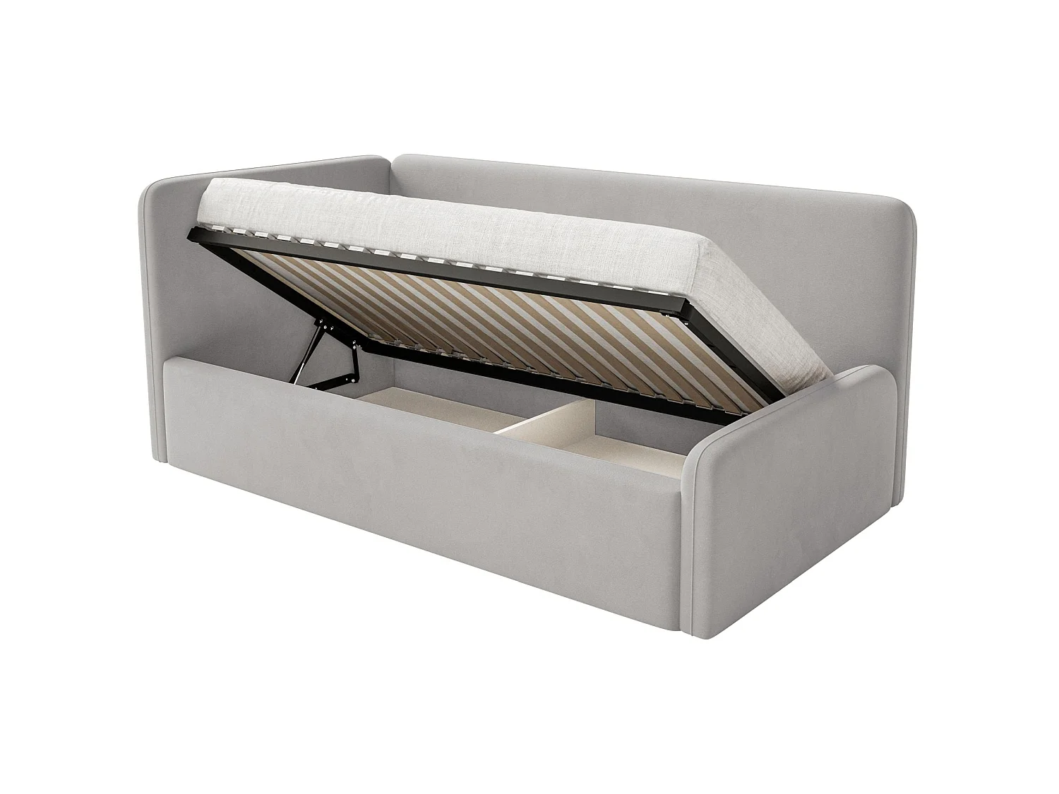 Lit enfant 90x200 – barrière de sécurité, matelas, tête de lit à gauche – velours – gris clair – FANKO