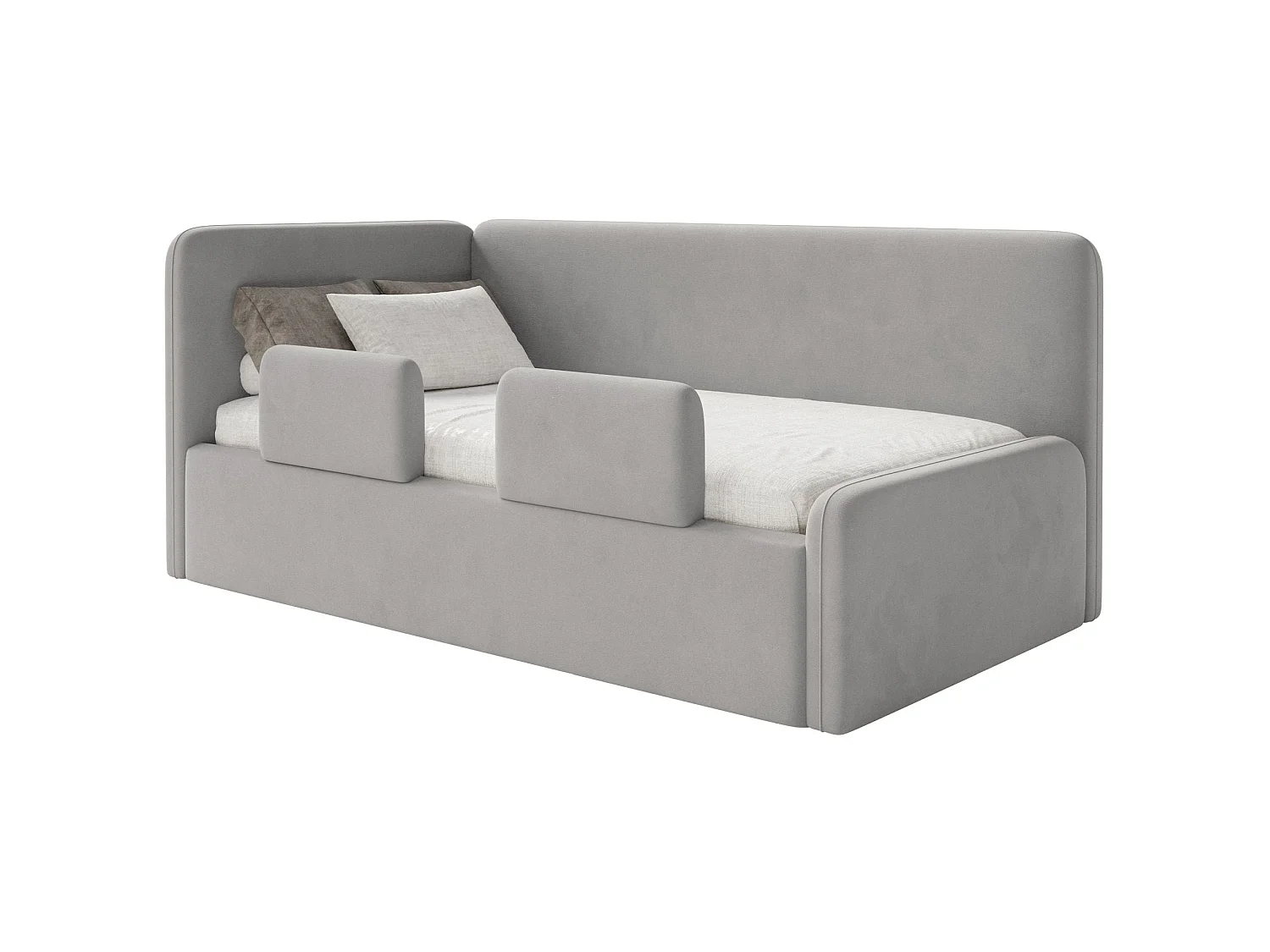 Lit enfant 90x200 – barrière de sécurité, matelas, tête de lit à gauche – velours – gris clair – FANKO
