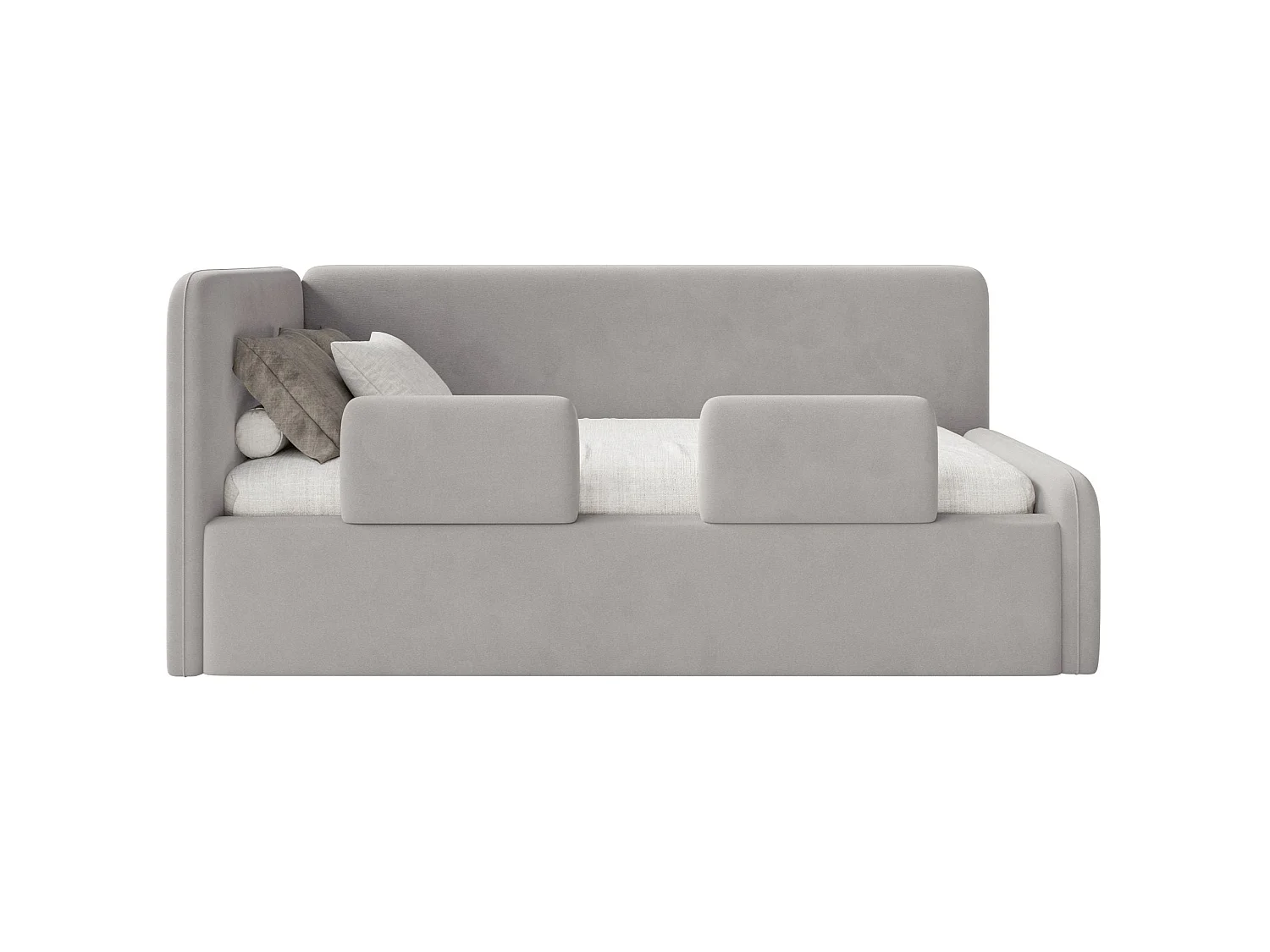 Lit enfant 90x200 – barrière de sécurité, matelas, tête de lit à gauche – velours – gris clair – FANKO