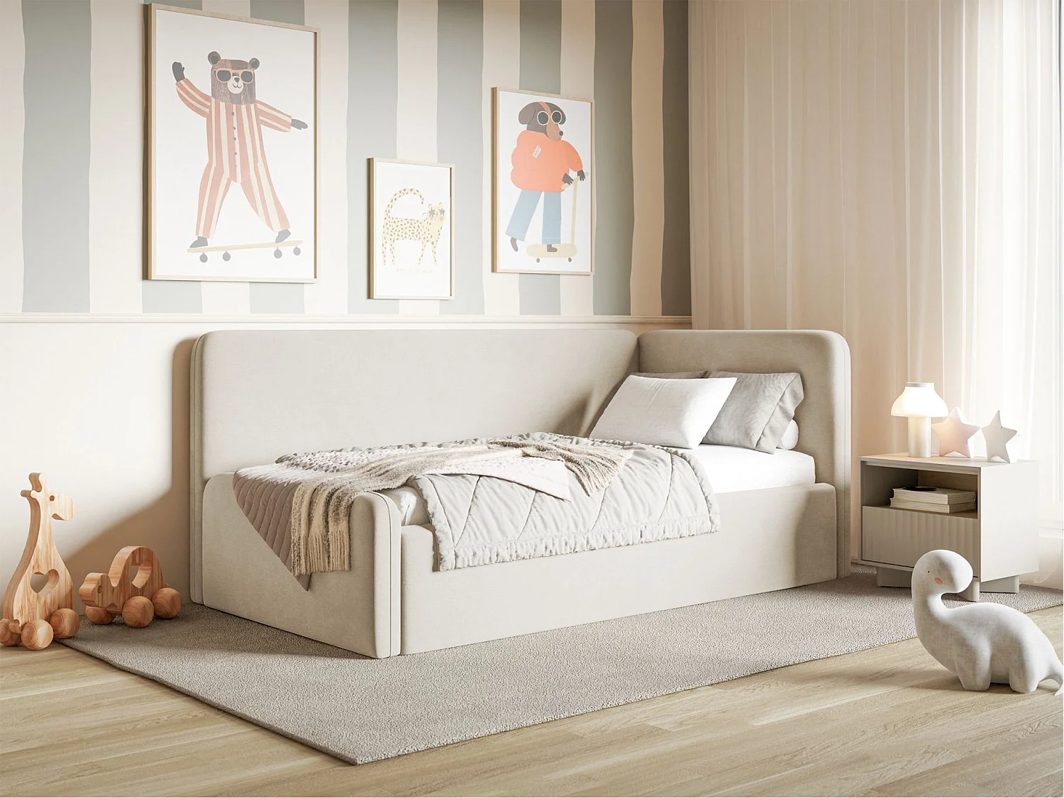 Lit enfant 90x200 – barrière de sécurité, tête de lit à gauche – velours – beige clair – FANKO