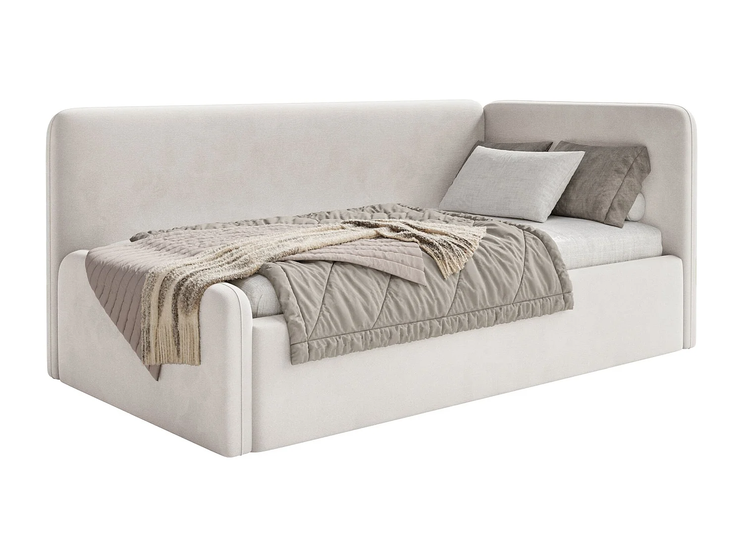 Lit enfant 90x200 – barrière de sécurité, tête de lit à gauche – velours – beige clair – FANKO