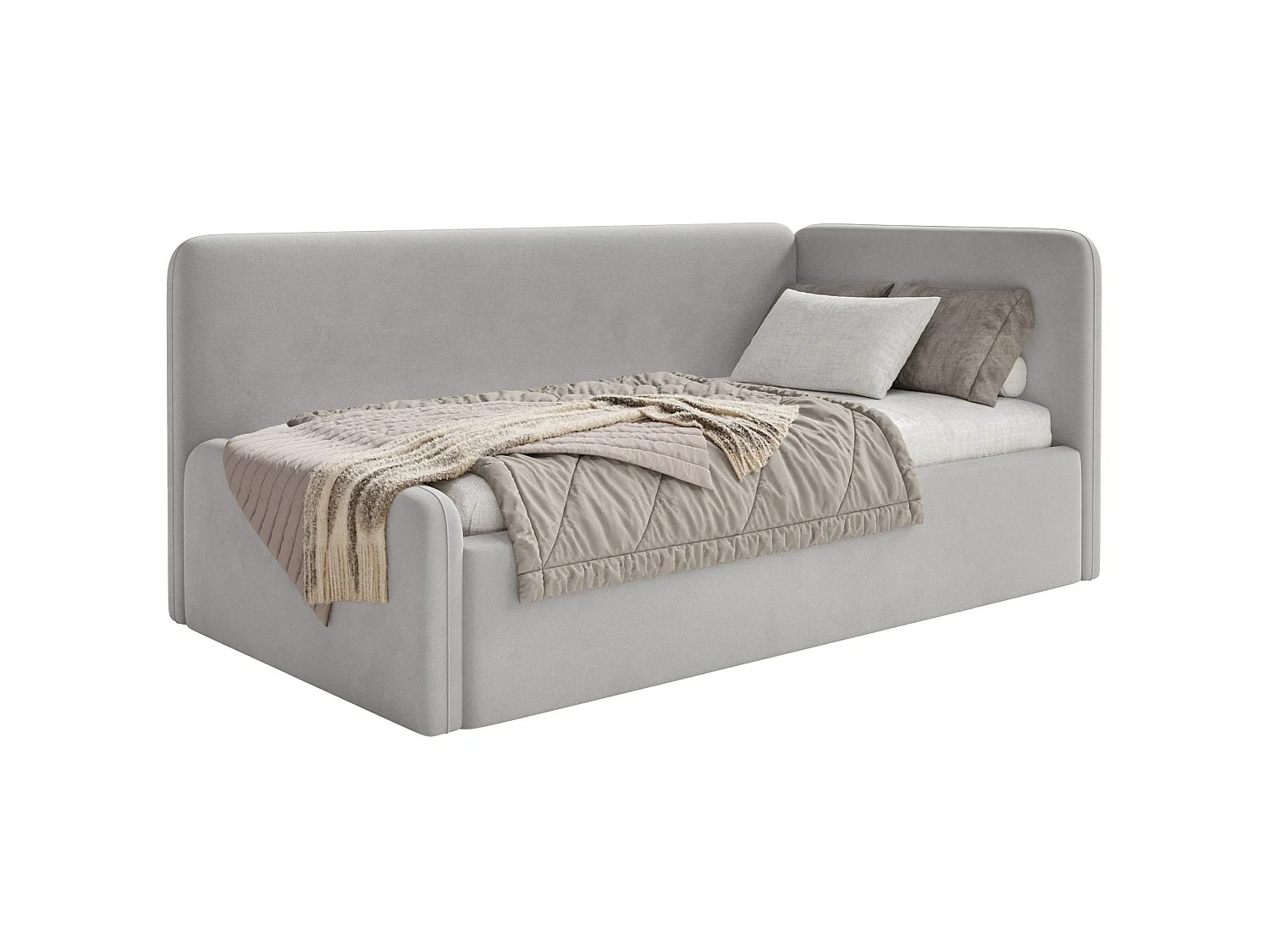 Lit junior 90x200 – barrière de sécurité, matelas, tête de lit à droite – velours – gris clair – FANKO