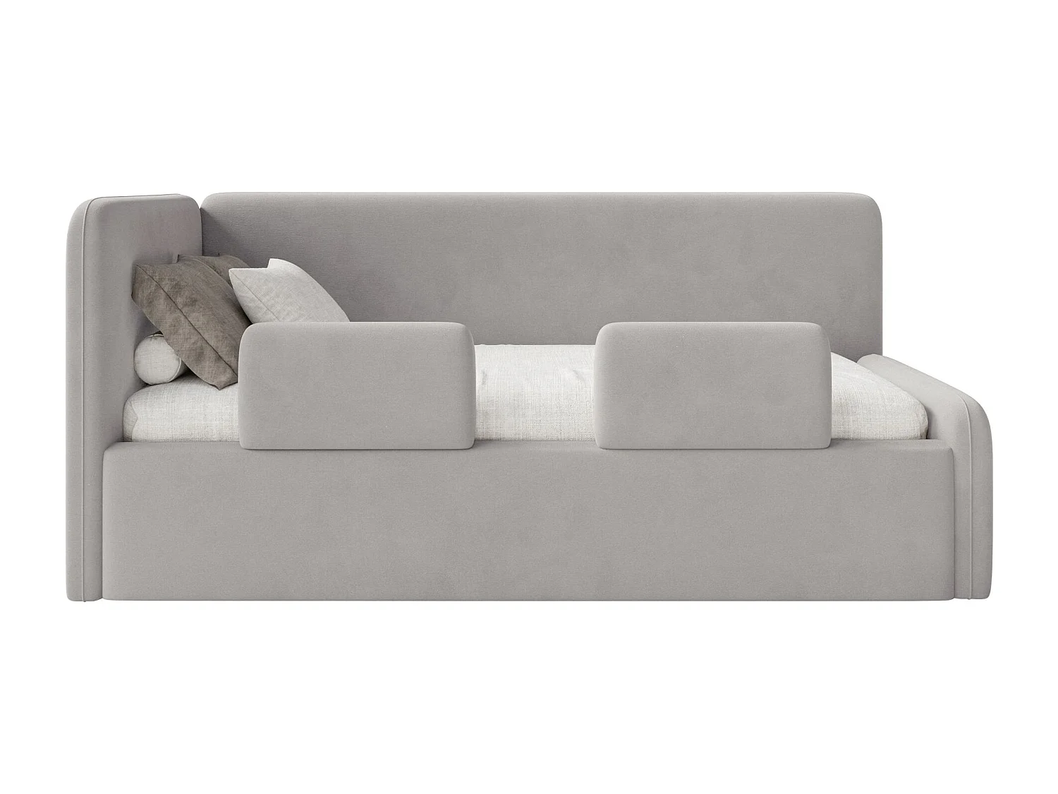 Lit enfant avec tête de lit à gauche – coffre de rangement et barrière de sécurité – gris clair – 90x200 cm – FANKO