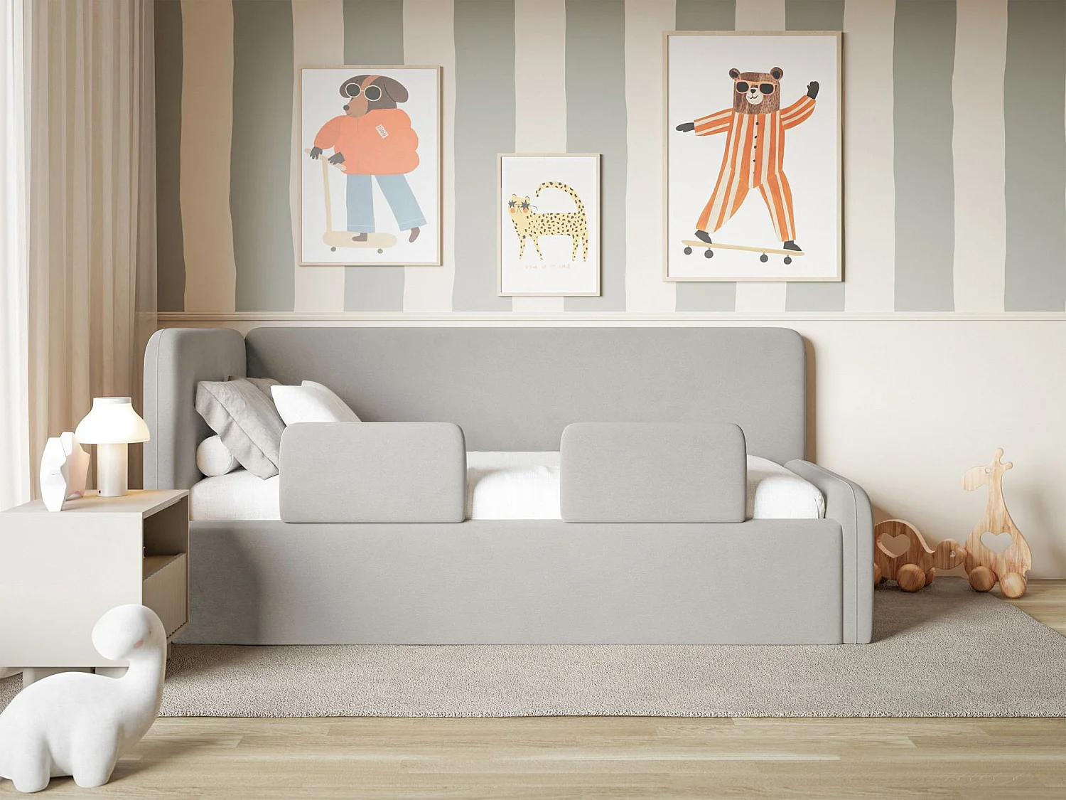 Kinderbed 90x200 met uitvalbeveiliging en hoofdbord links – velours – lichtgrijs – FANKO