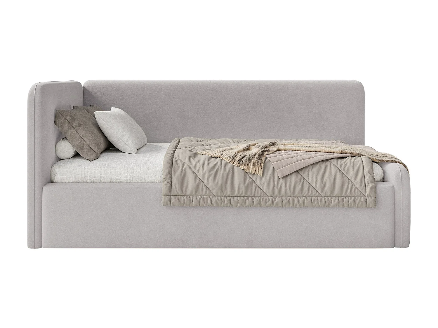 Tienerbed 90x200 met matras en hoofdbord links – velours – lichtgrijs – FANKO