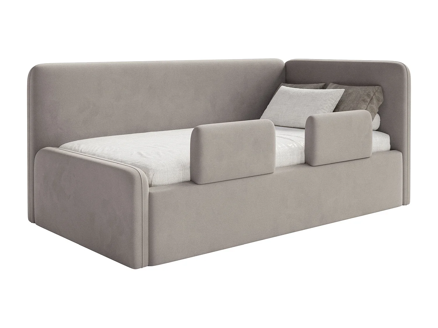 Kinderbed 90x200 met uitvalbeveiliging en hoofdbord rechts – velours – grijsbeige – FANKO