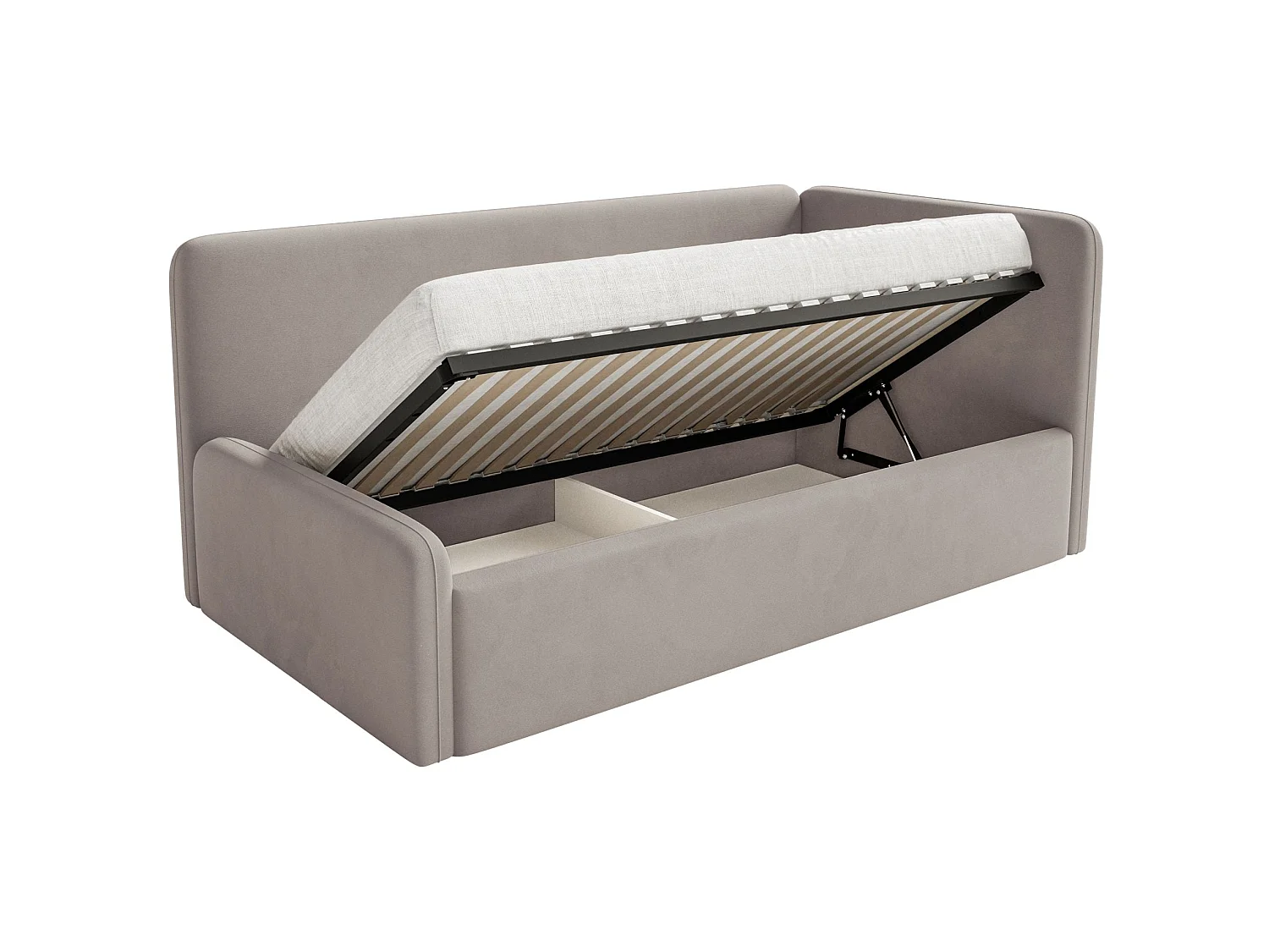 Lit enfant 90x200 – barrière de sécurité, tête de lit à droite – velours – grège – FANKO