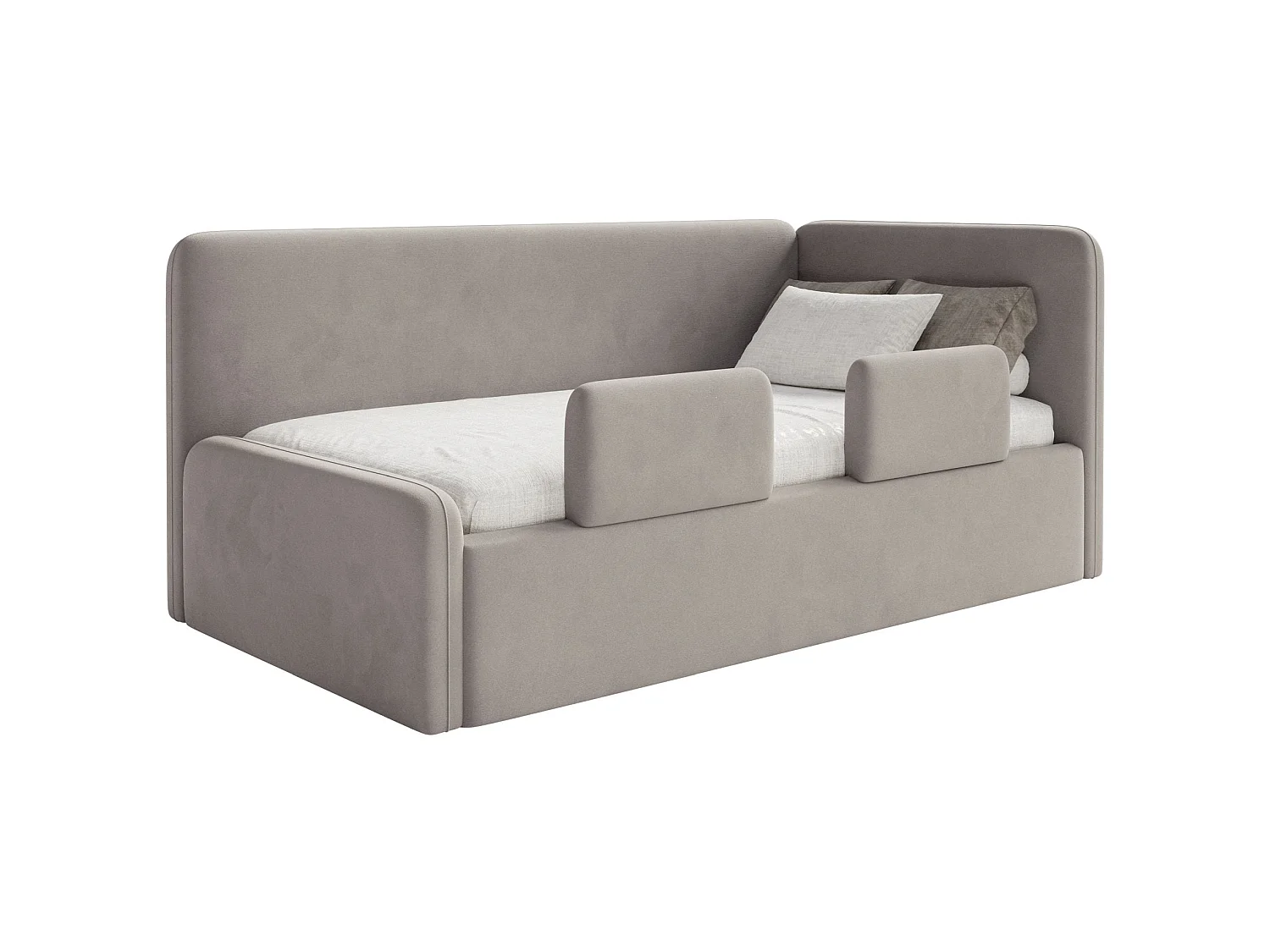 Lit enfant 90x200 – barrière de sécurité, tête de lit à droite – velours – grège – FANKO